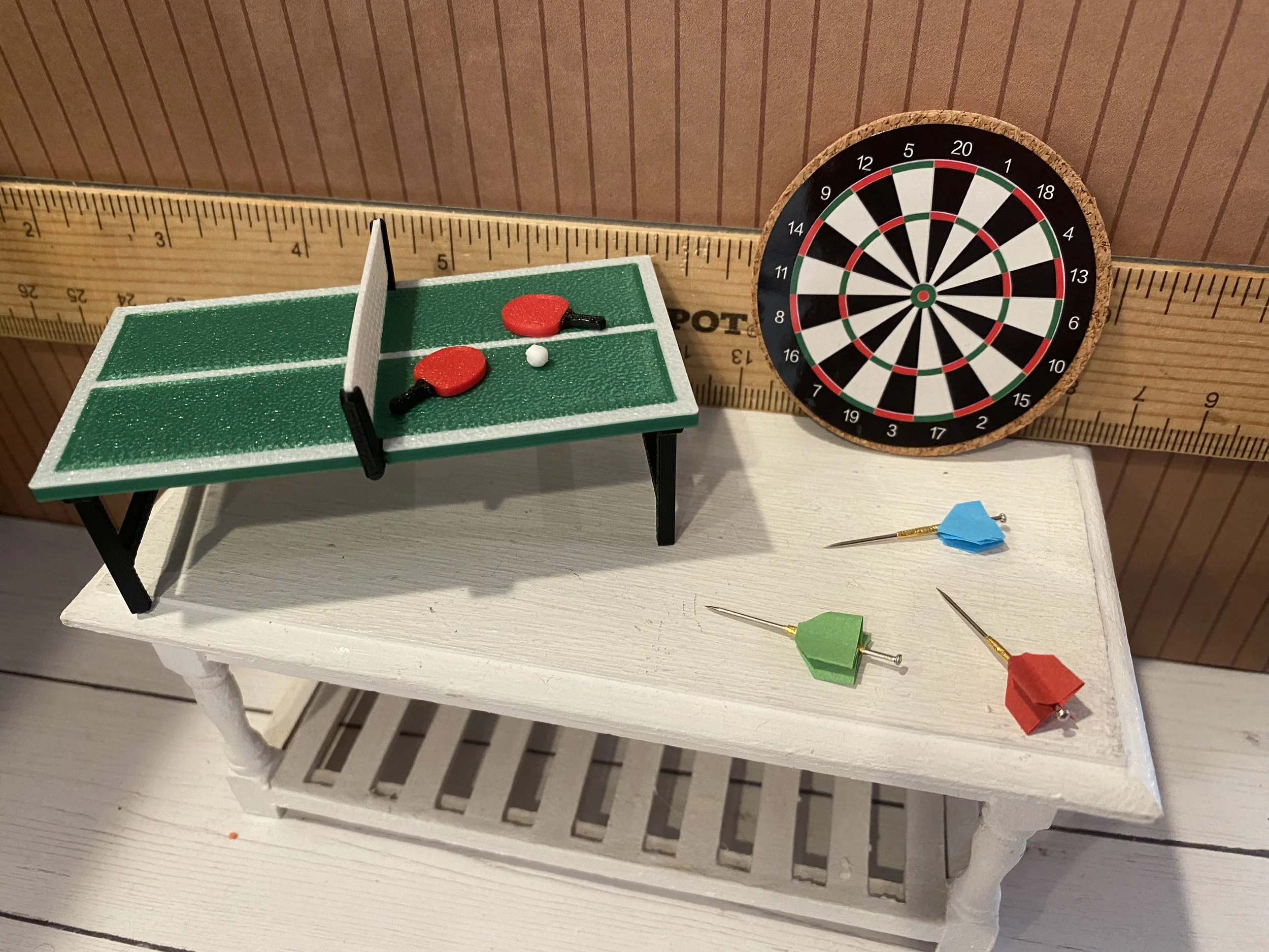 Miniature Ping Pong Table, Dart Board w/Darts, 1:12