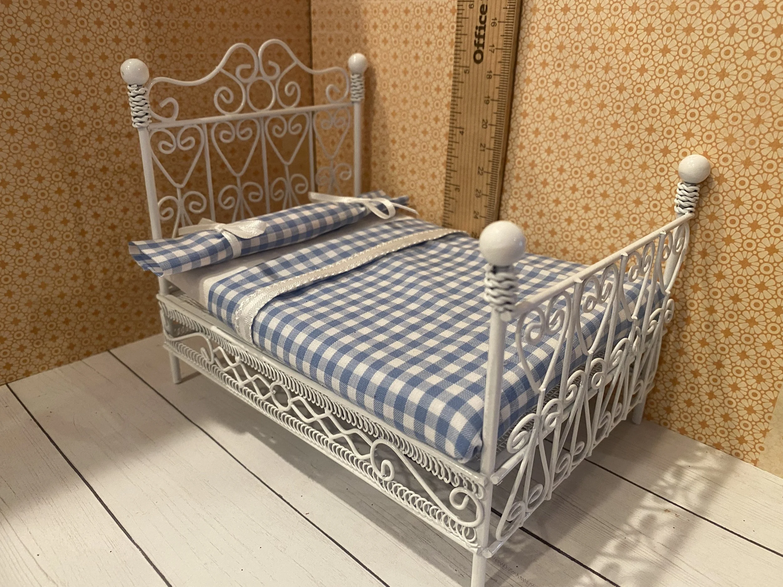 Miniature Dorothy's Bed Blue Gingham Bedding, 1:12