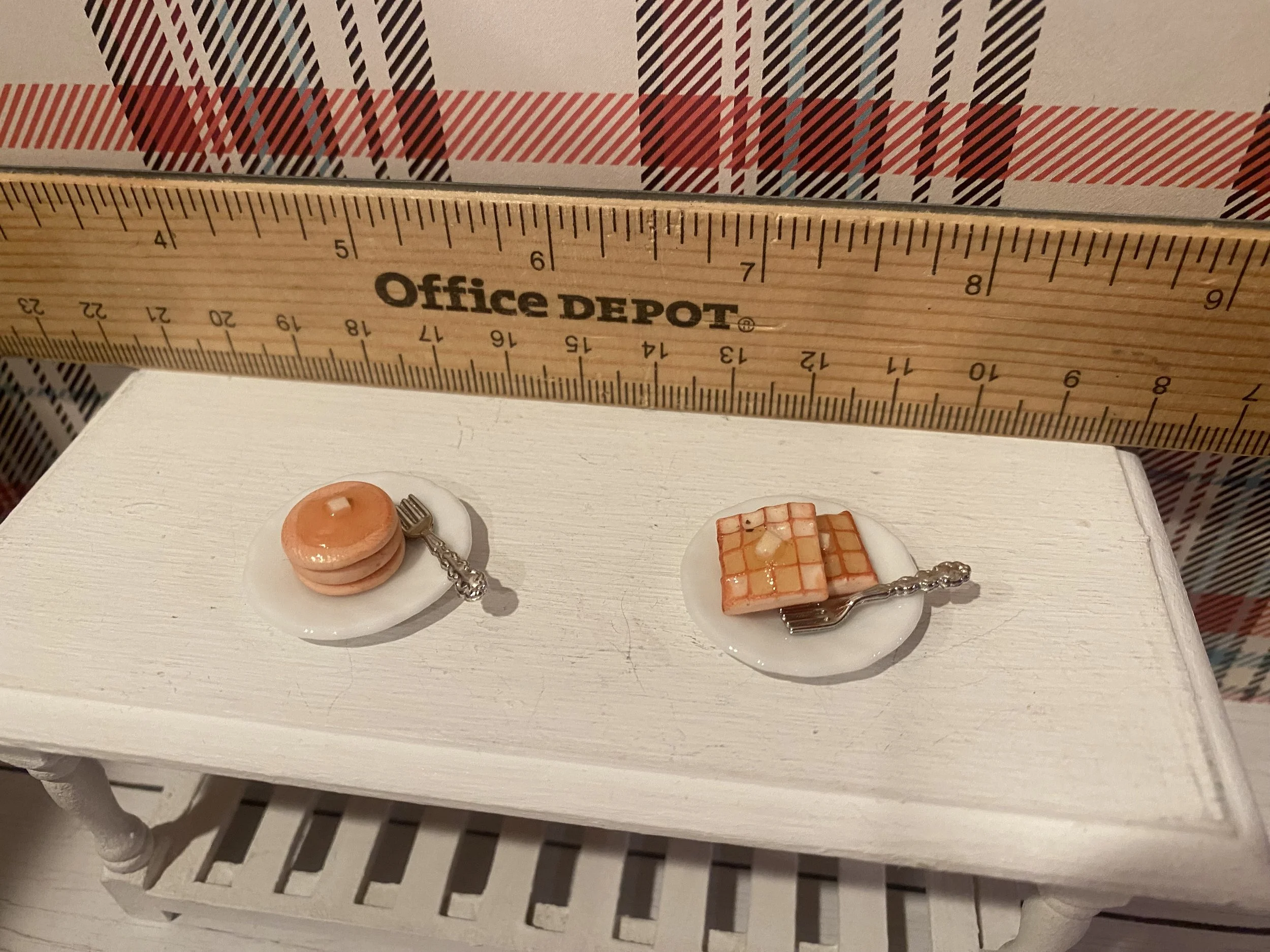 Miniature Stack of Pancakes on Plate, 2 Waffles on Plate, 1:12