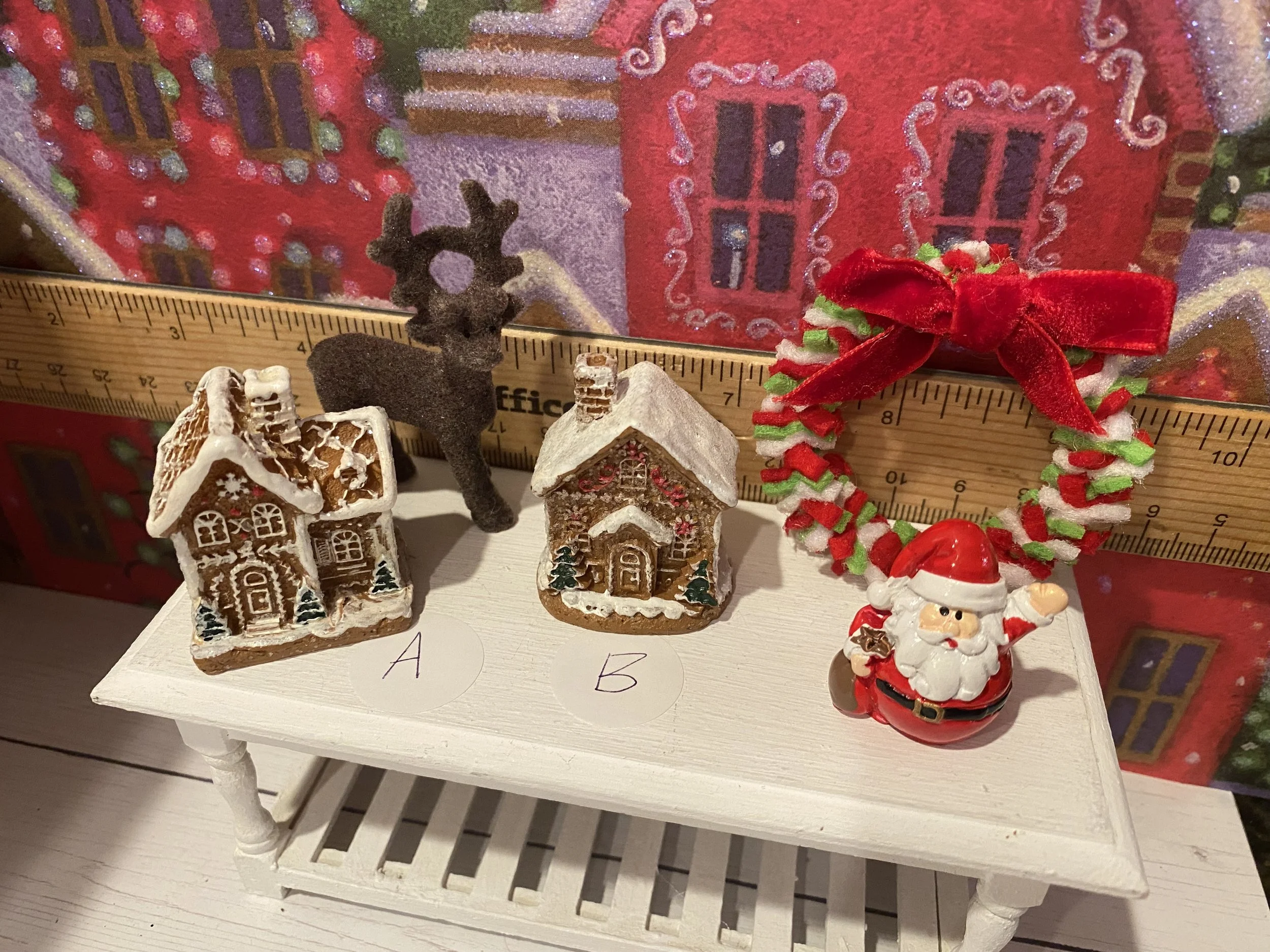 Miniature Gingerbread Houses, Santa, Flocked Reindeer, Red and Green Rag Wreath, 1:12