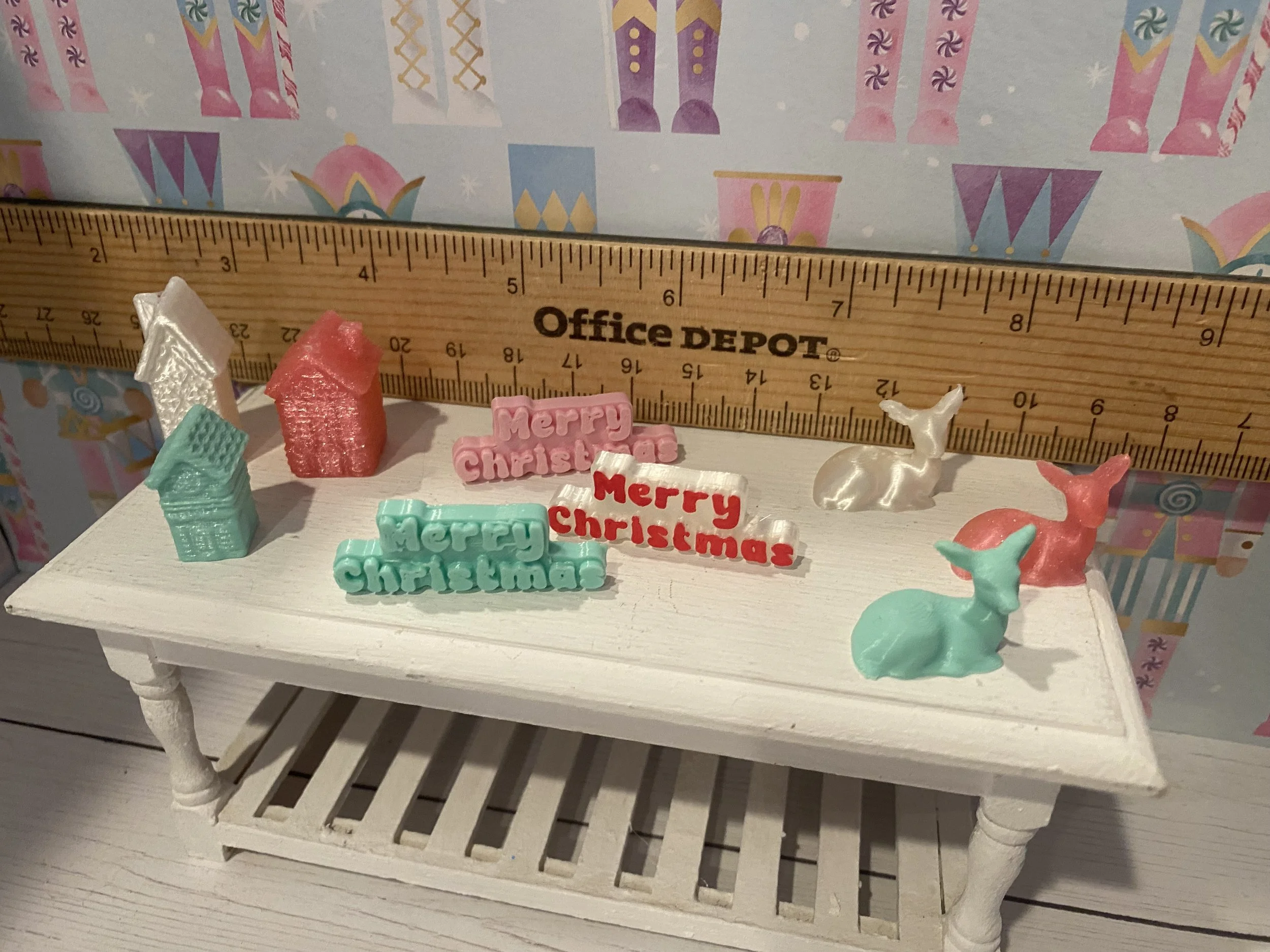 Miniature Christmas Village, Mint, White, Pink Houses, Merry Christmas Word, Deer, Pink, Mint, White, 1:12