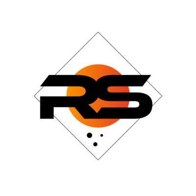 Logo with bold black letters 'RS' over an orange circle, with a white diamond shape outline and three small black dots below.