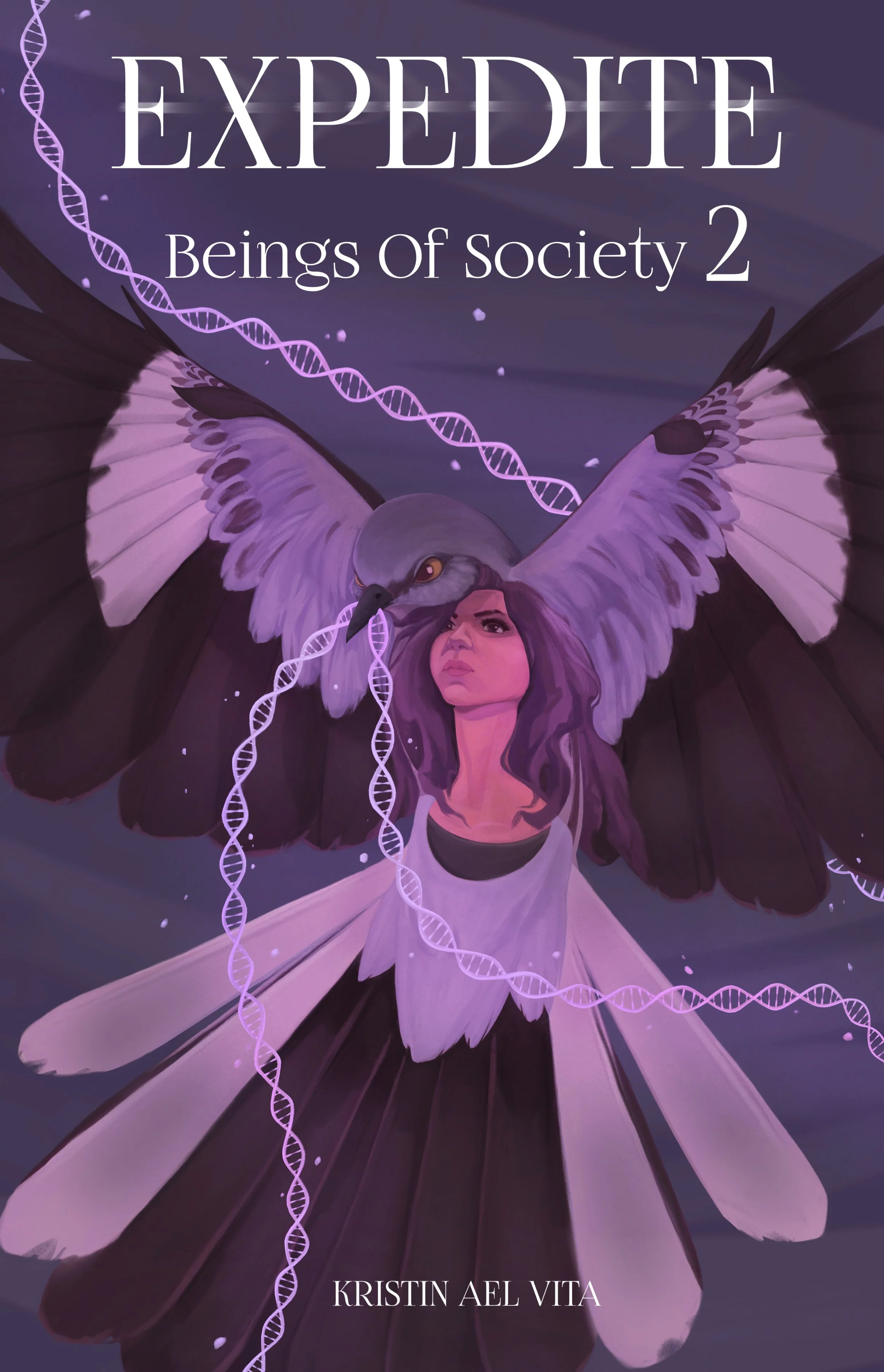 Expedite Beings of Society Book Two book cover. A girls face shifting into a mockingbird. The mockingbird holds a DNA strand in its beak.