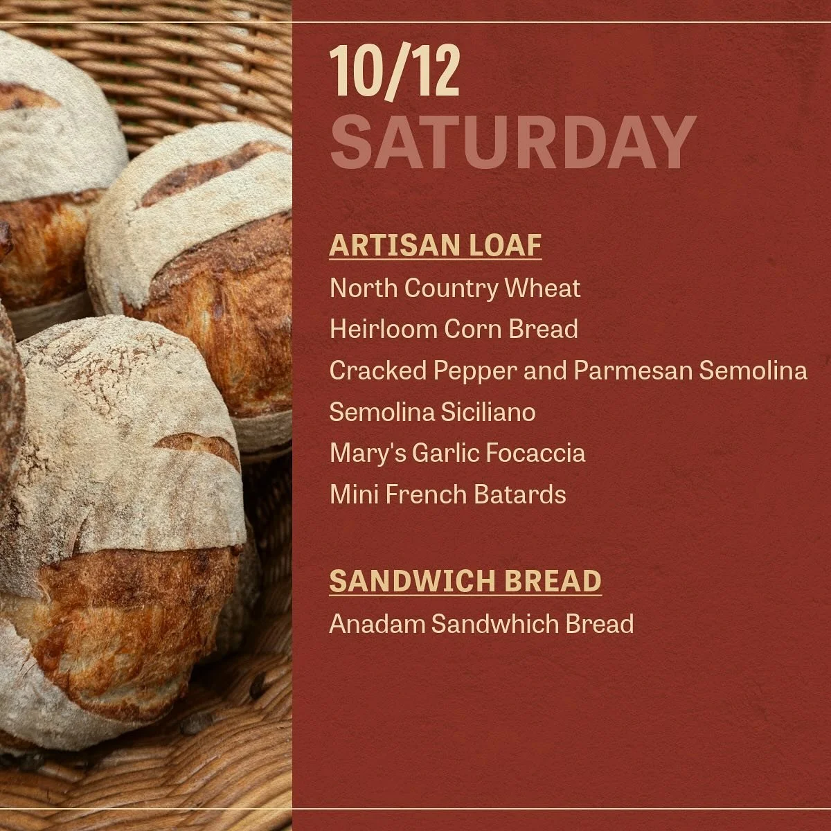 📋menu for Saturday 10/12 - THE LAST FARMERS MARKETS IS TOMORROW! 

The last market of the season and we are prepared with some of your favorites 🥐🍞🥖

We work with local purveyors for special ingredients 
🍏Apples from @tellmanhillfarm 
🌽 Heirloo