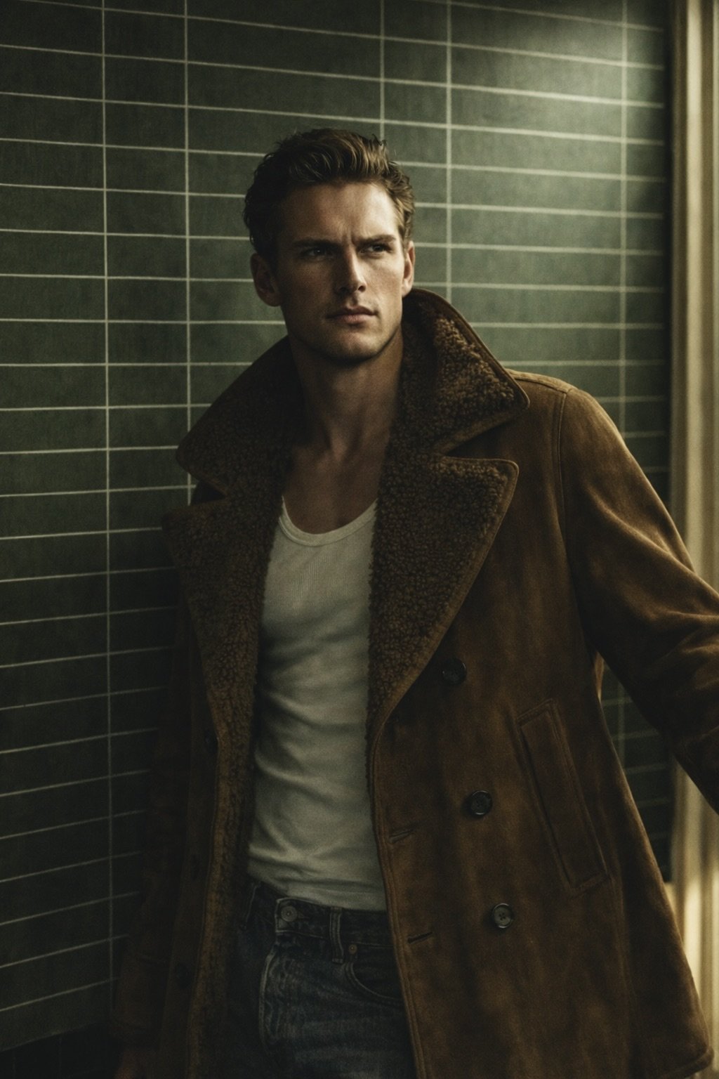 A person in black and white clothing jumping on a rooftop with a city skyline and bridge in the background.