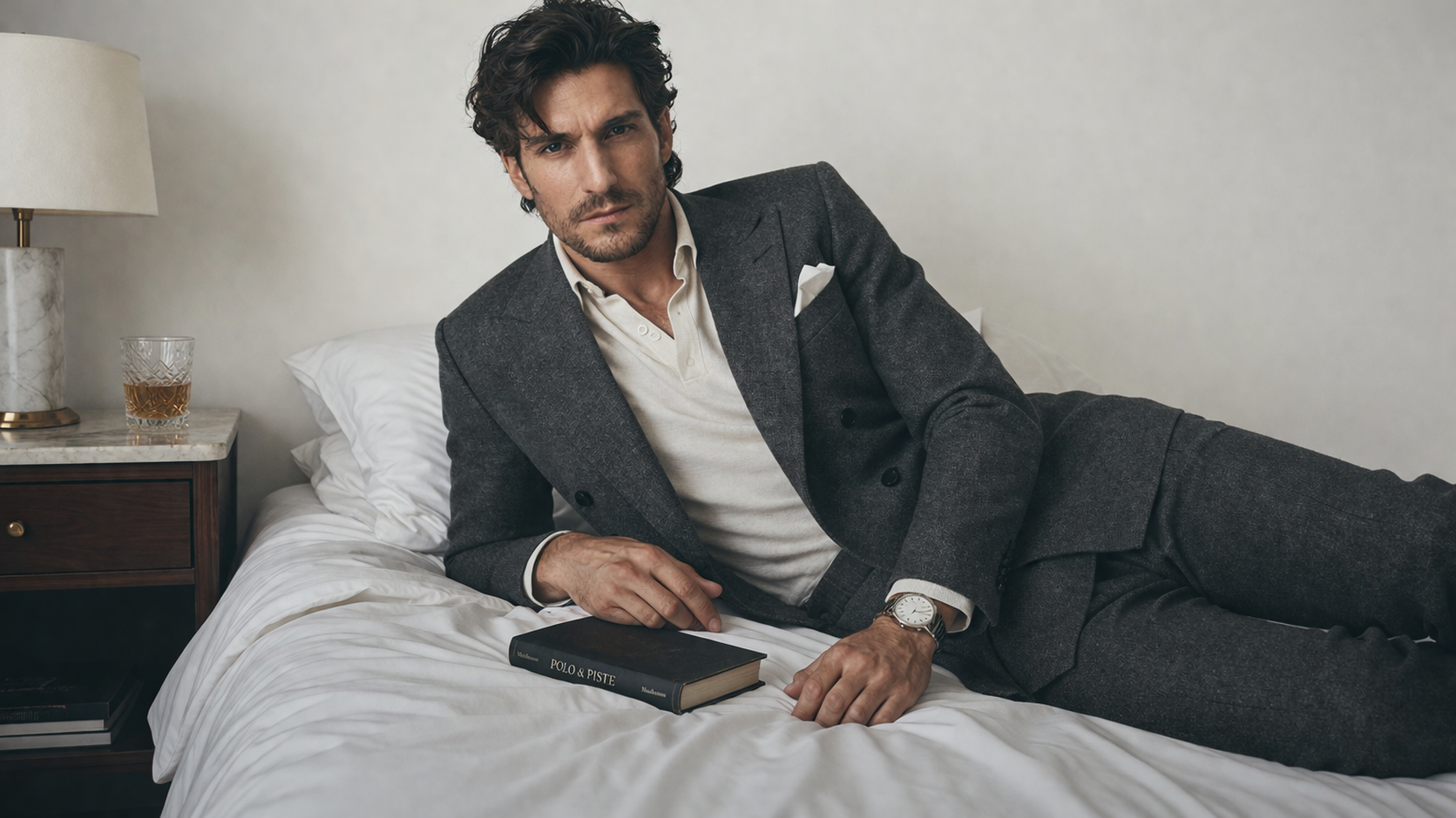 A person in black and white clothing jumping on a rooftop with a city skyline and bridge in the background.