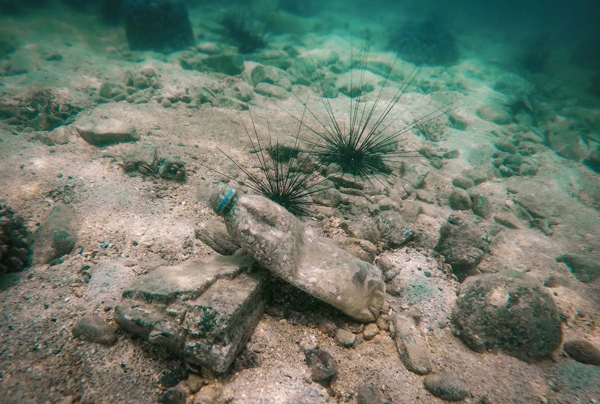 Water bottle underwater littering ocean floor