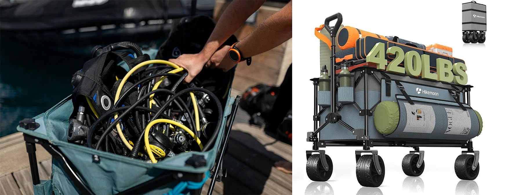 divers use a portable wagon to transport scuba equipment