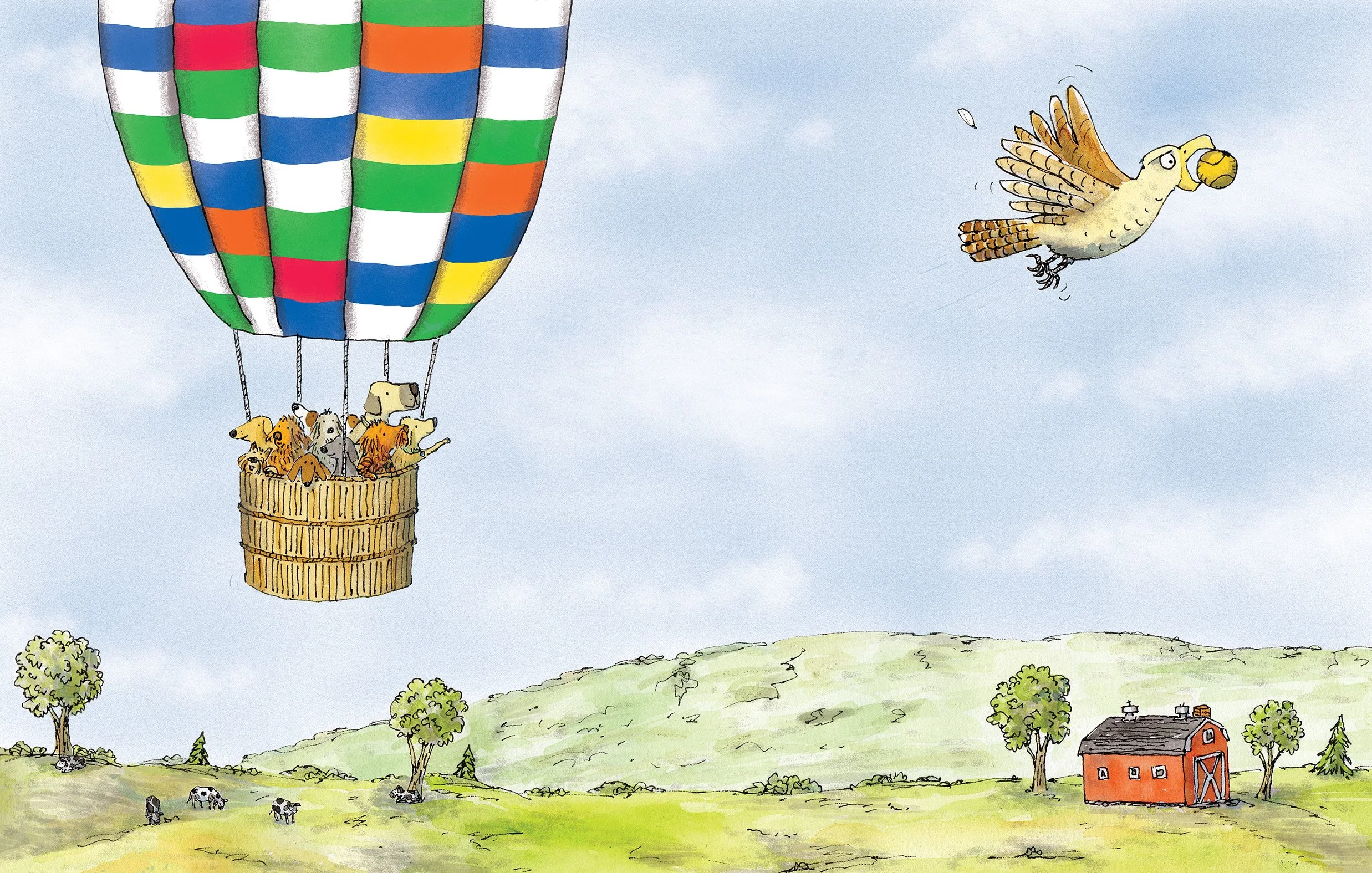 Animals riding in a hot air balloon with a colorful stripes, flying over a countryside with green hills, trees, cows, and a red barn, while a bird with a tennis ball in its beak flies nearby.