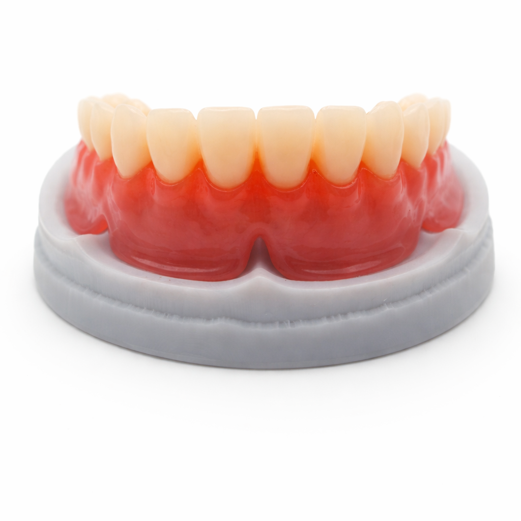 A set of artificial teeth with gums on a white display stand.