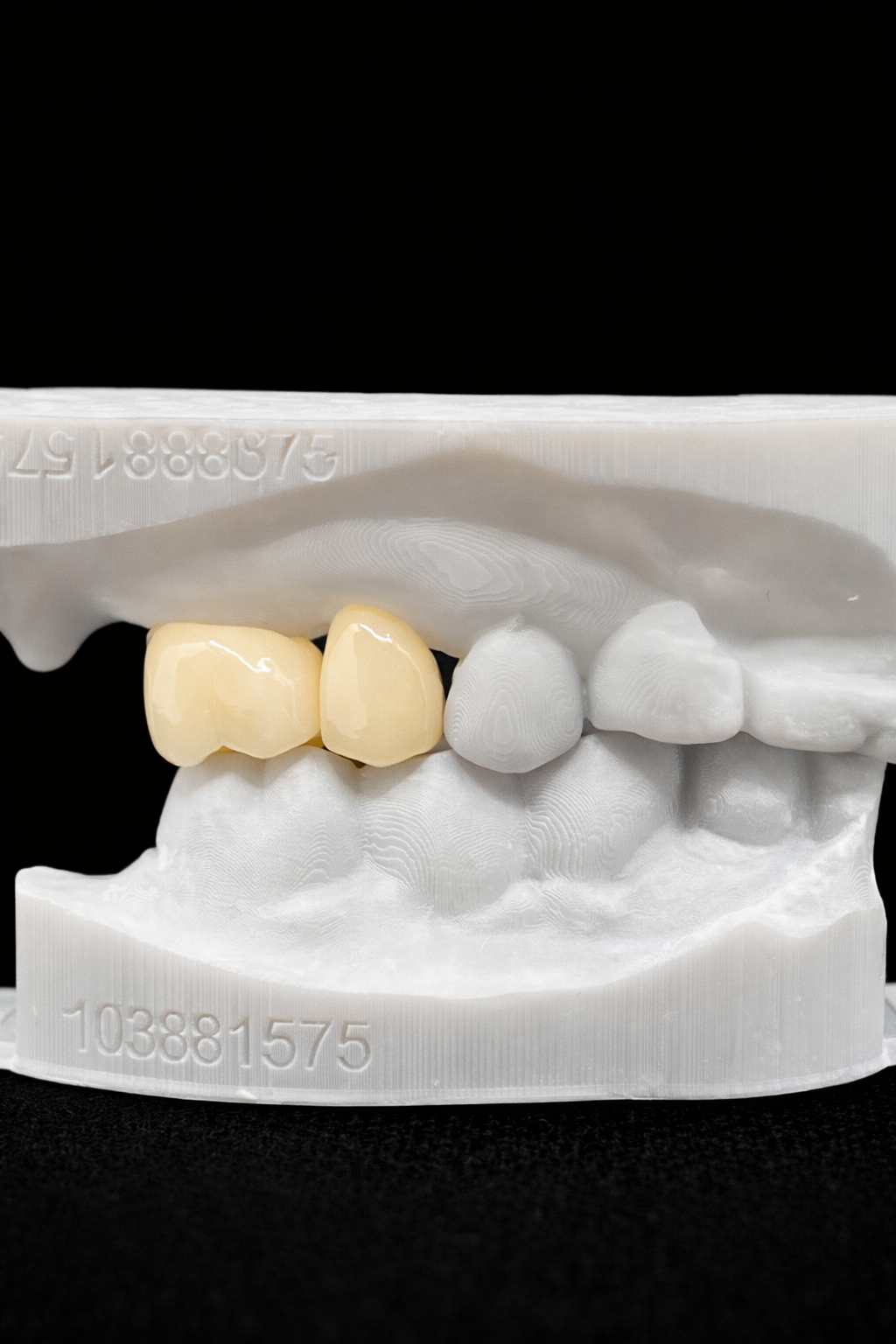 A dental model showing the upper jaw with a gold-colored dental crown on one molar tooth.