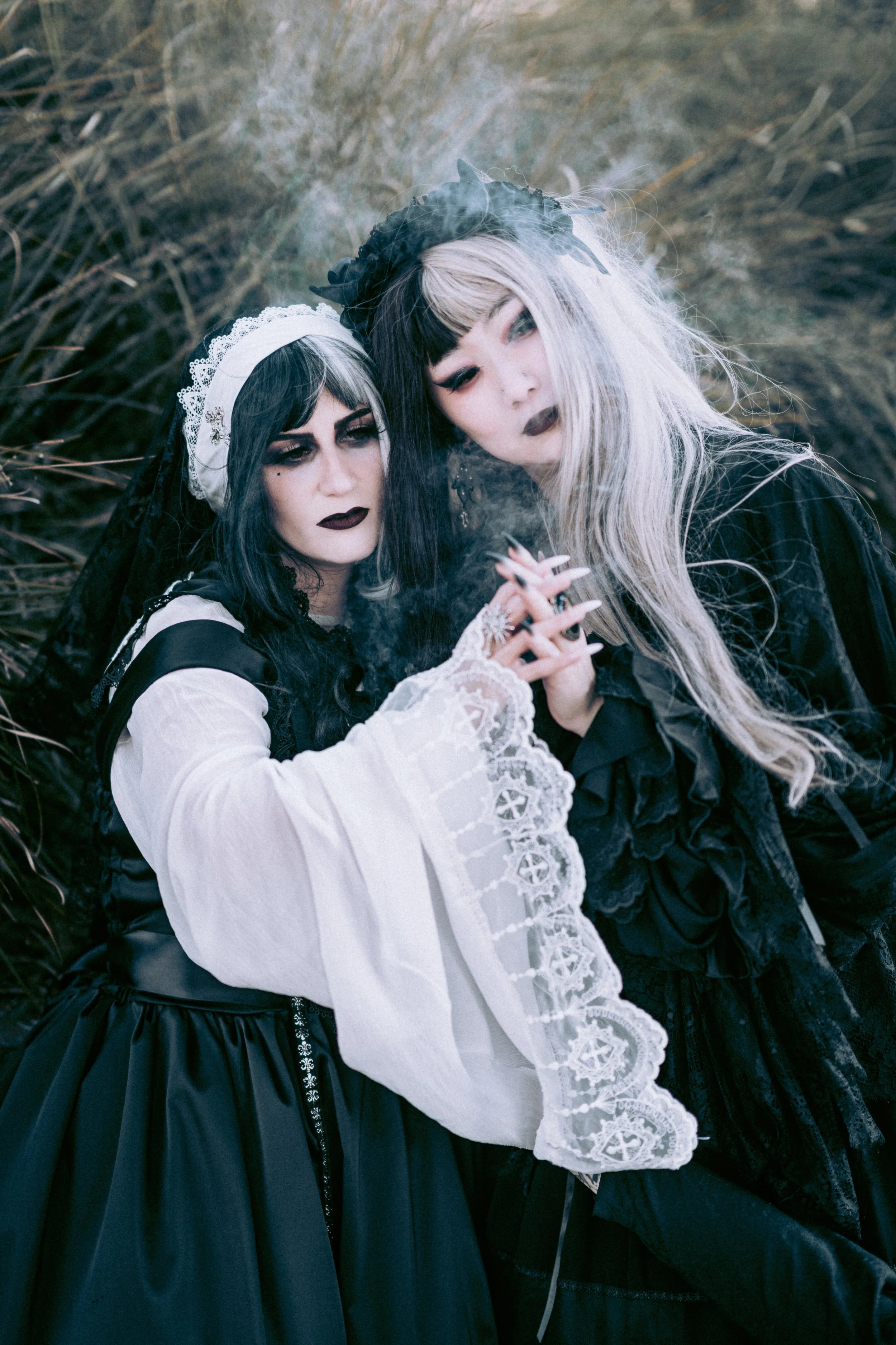 @nycticeivs in the 'Acolyte' Veil, 'Ascetic' Chemise and 'Priory' JSK and @obsixwi in a prototype blouse and 'Diaboli' Headdress. Photo by @bon.komera