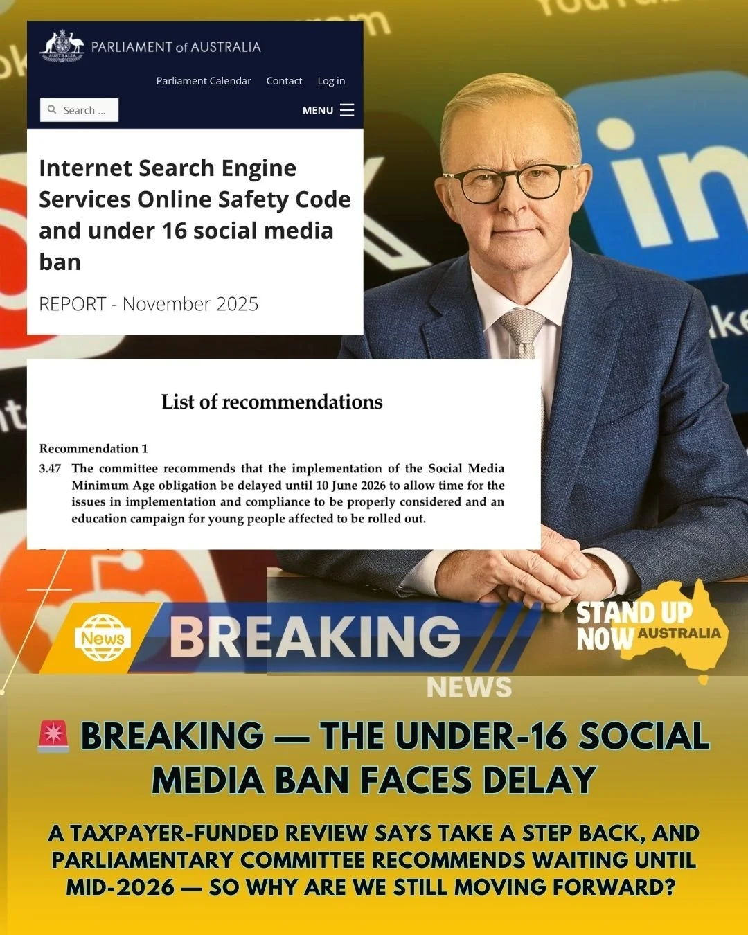 A parliamentary committee has now recommended delaying - and effectively rethinking &mdash; the Under-16 social media ban until mid-2026.

Translation?

Taxpayer money was spent, a report was written, experts were consulted... and yet the government 