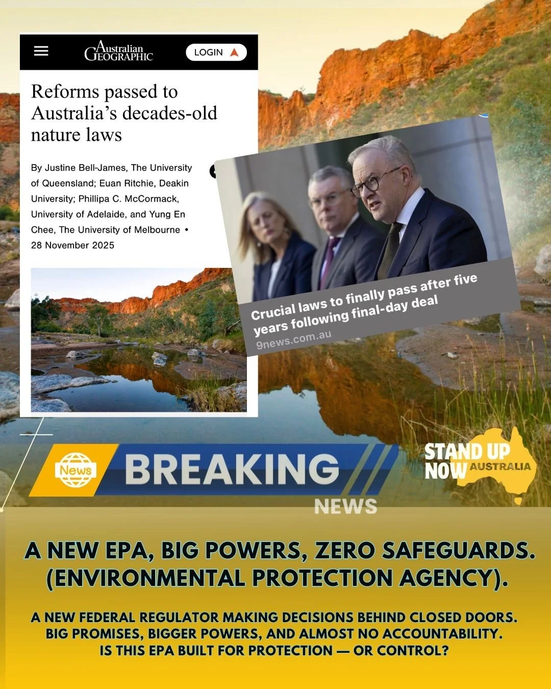 🚨 Another statutory body with sweeping powers &mdash; and barely any parliamentary oversight.

The government has just pushed through reforms to Australia&rsquo;s decades-old nature laws, creating a new national EPA that will control approvals, enfo