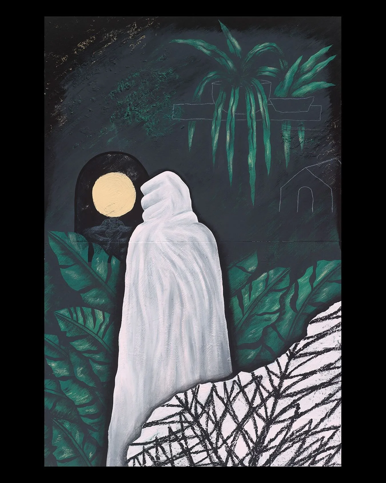 I Never Meant to be Nocturnal
48&rdquo; x 32&rdquo;
Acrylic, oil pastel, white charcoal, &amp; found material on wood panels
SOLD (😘 @therealahdrikent)