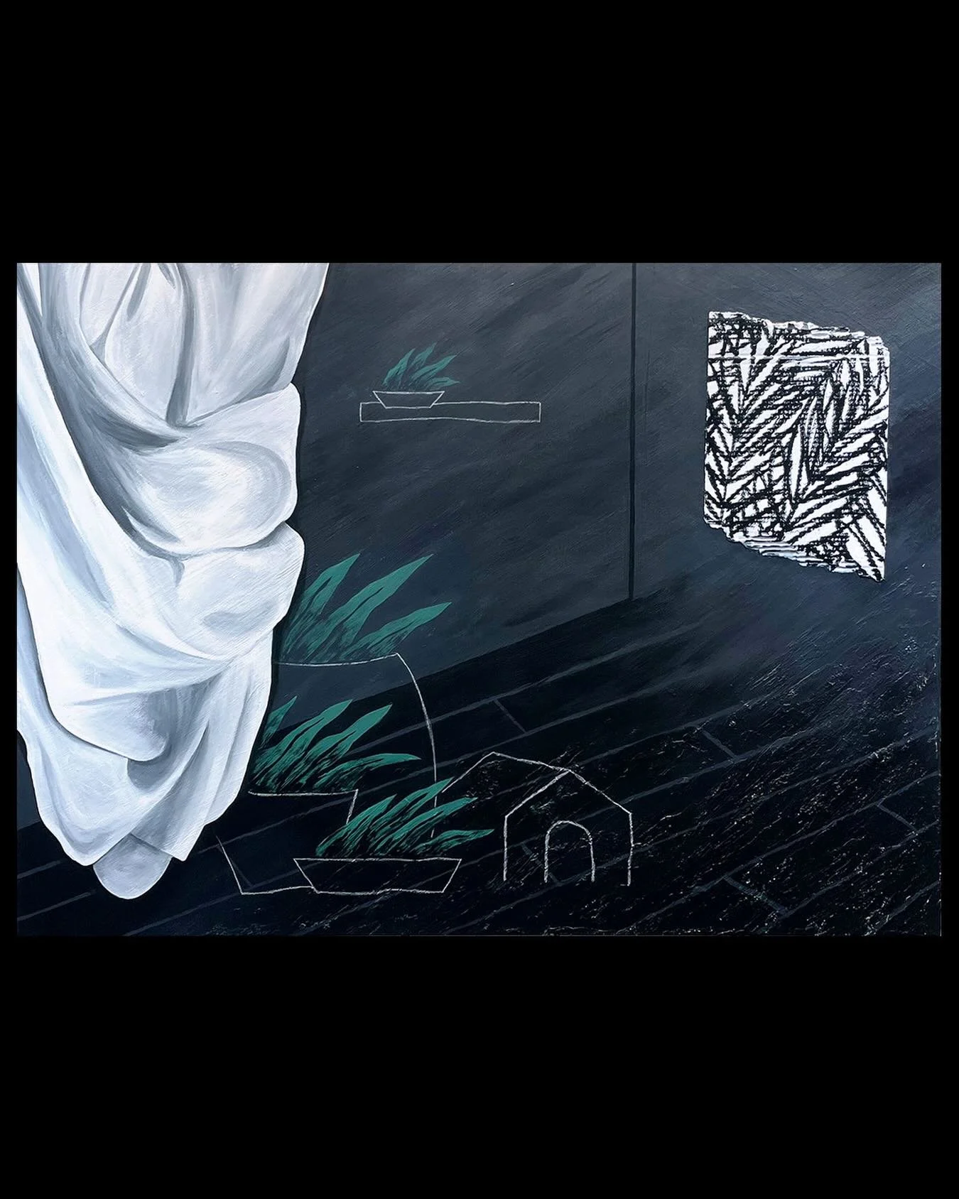 The Encroaching Morning
36&rdquo; x 48&rdquo;
Acrylic, white charcoal, and found material on wood panel
$3,500