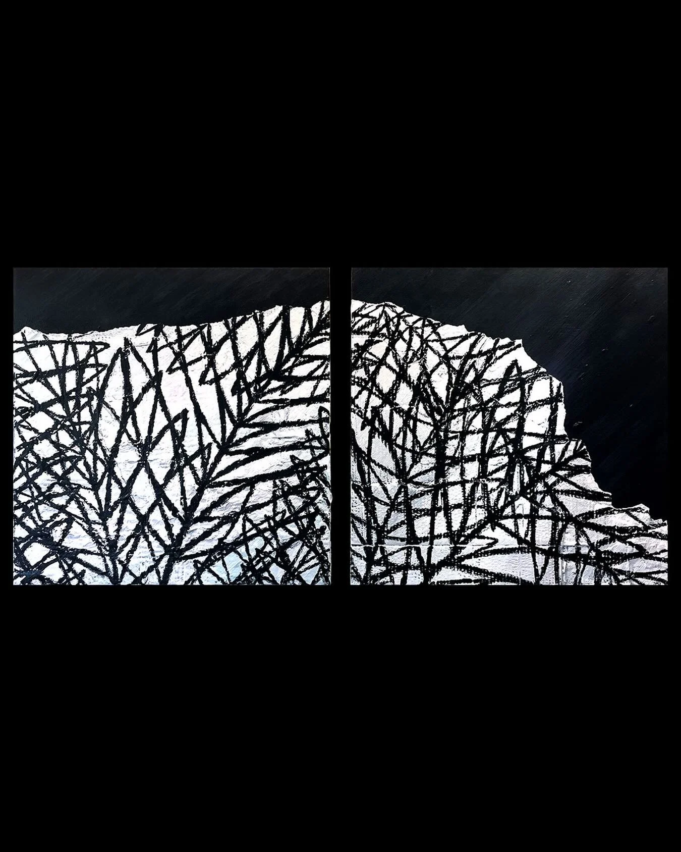 Noisy &amp; Alone
24&rdquo; x 51&rdquo; diptych
Acrylic &amp; found material on wood panels
$2,200