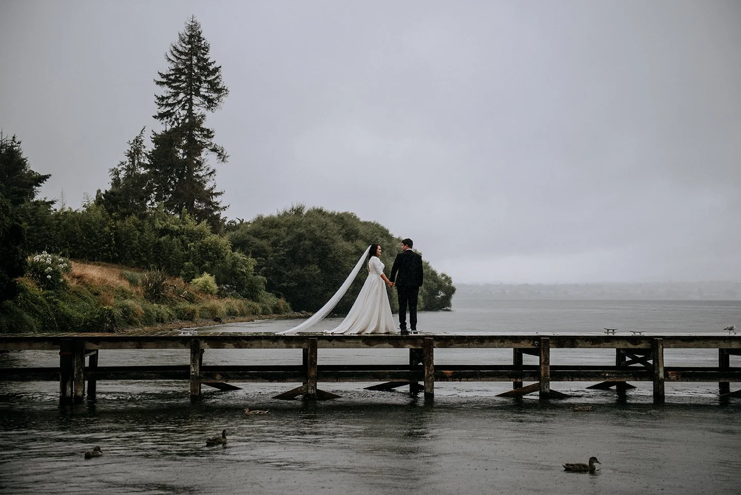 Bride in an elegant fitted white gown at an outdoor wedding ceremony — gown alterations by Alena Hume, Palmerston North