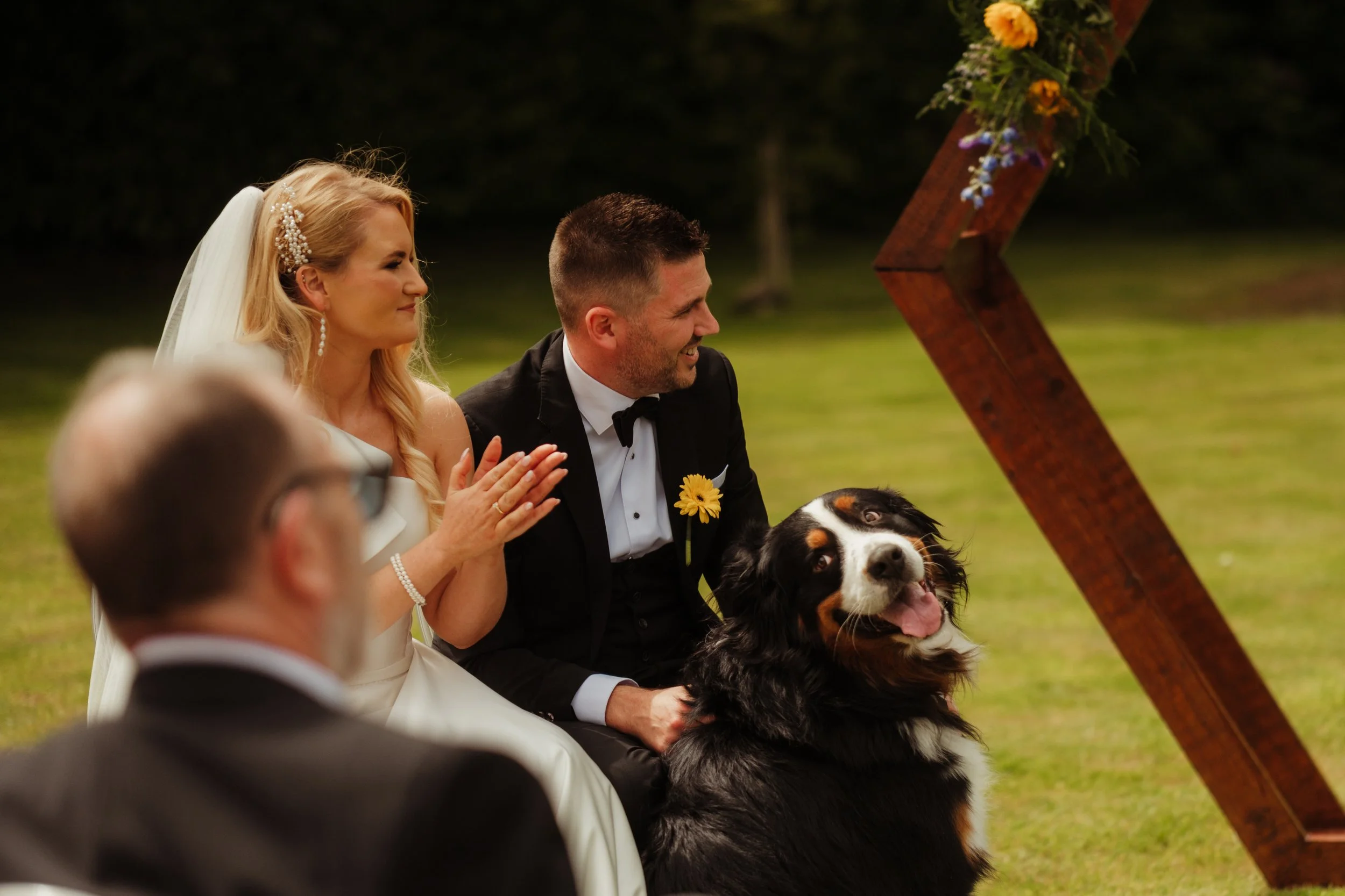 Bride and groom sitting outdoors during a wedding ceremony, with a Bernese Mountain Dog sitting in front of them. The bride is wearing a white wedding dress and a veil, and has a decorative hairpiece. The groom is dressed in a black tuxedo with a yel