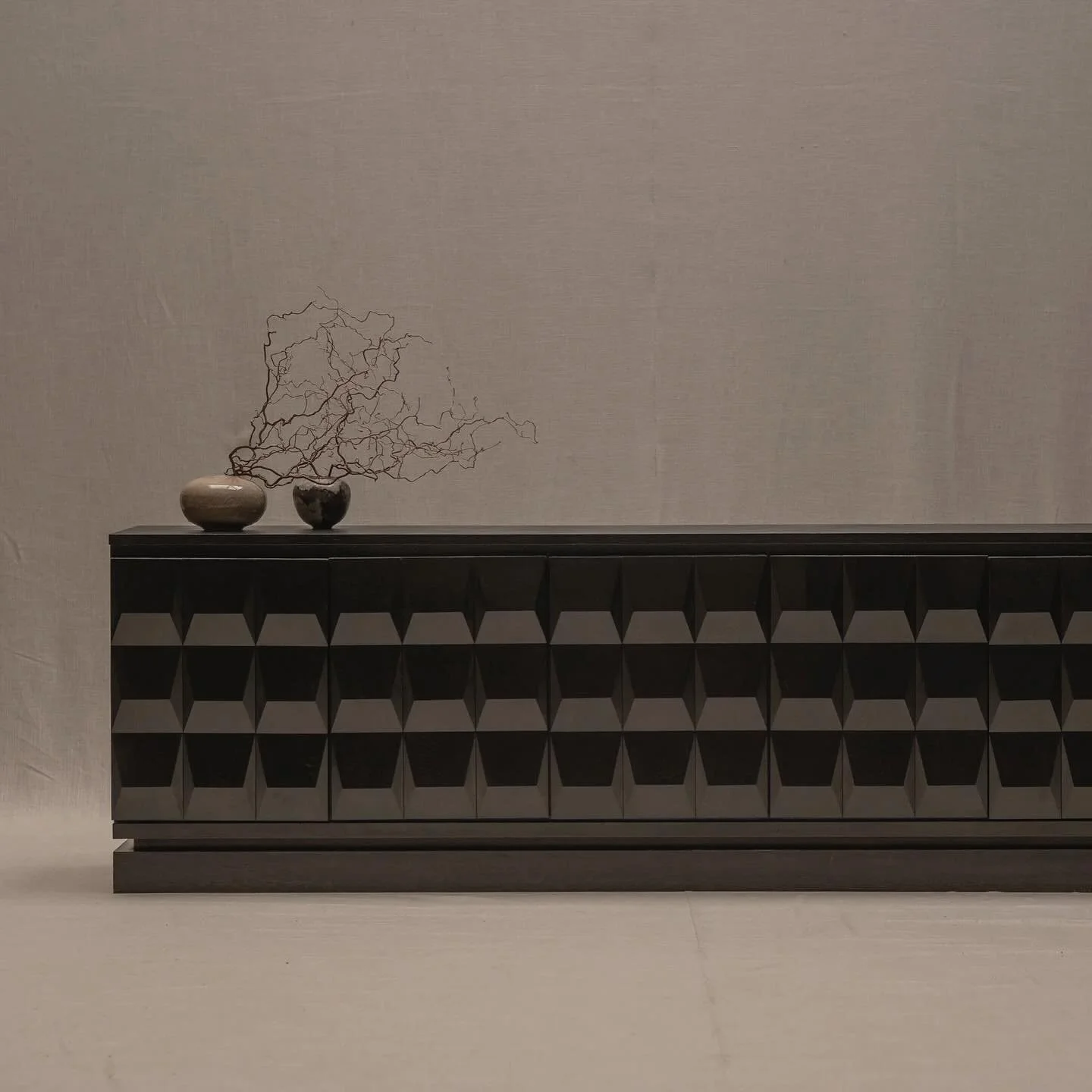 FOR SALE - High-end brutalist sideboard cabinet designed by Defour Frans, often refereed to as in the manner of De Coene Fr&egrave;res, Belgian 1970s. Stunning large five door model made out of solid and veneered black patinated oak . Graphic diamand