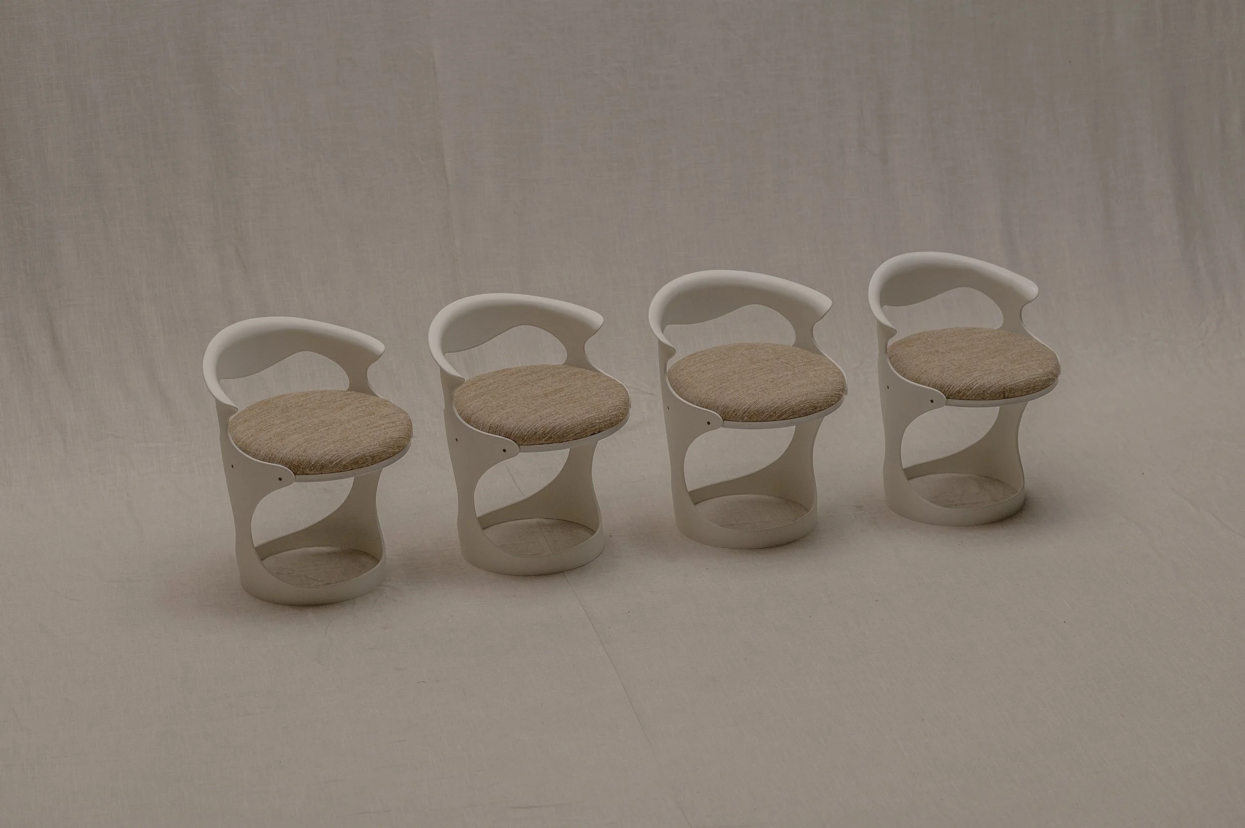 Playful Space Age dining chair set, France, 1960s–1970s.