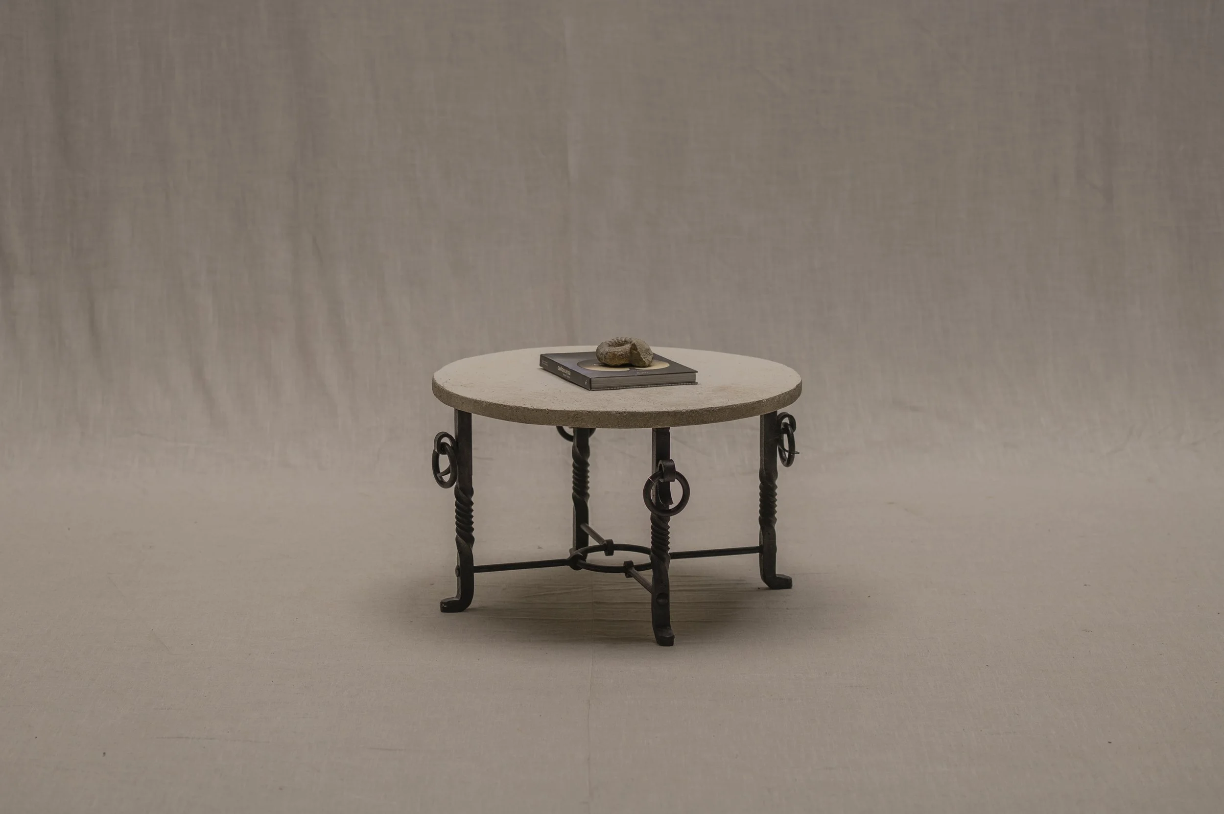 French Mid Century coffee table in forged iron and stone, 1950s