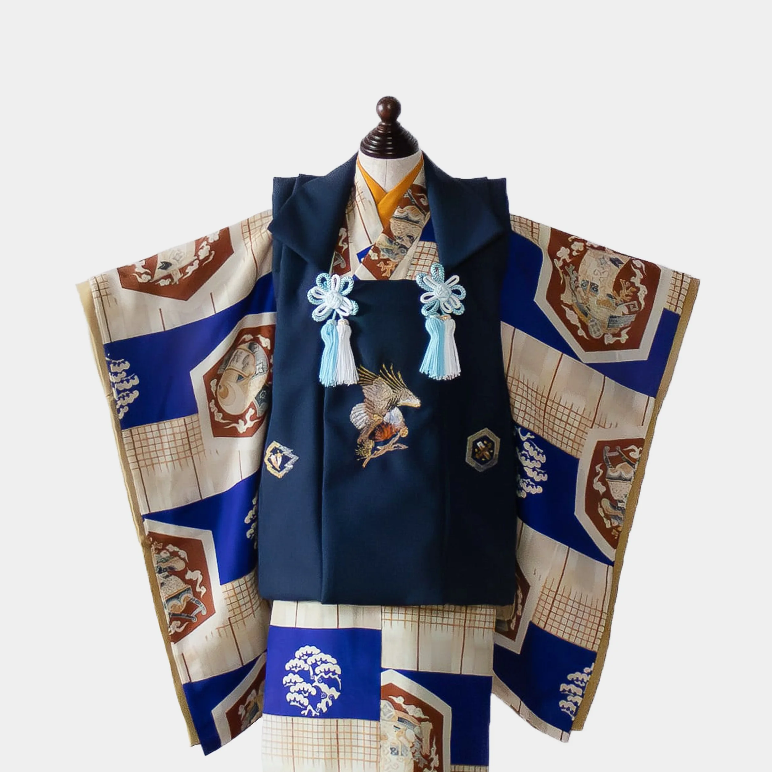 「3歳男の子  翁格子に丸紋」（90cm〜100cm）※白半襟でのご用意となります