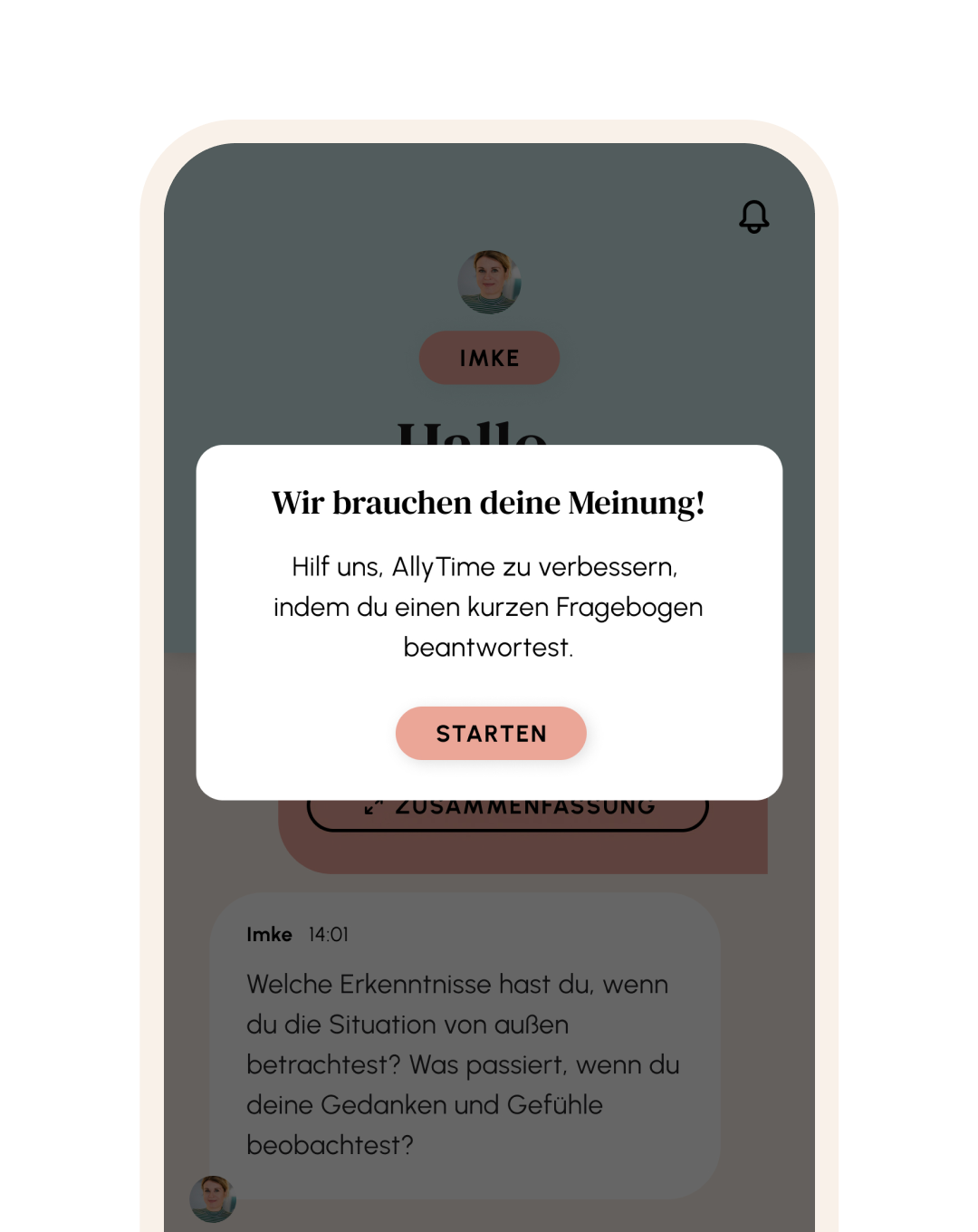 Smartphone-Bildschirm zeigt eine App-Nachricht mit dem Titel "Wir brauchen deine Meinung!". Benutzer wird aufgefordert, einen kurzen Fragebogen zu beantworten. Unterhalb der Nachricht sind Chat-Nachrichten von "Imke" zu sehen. Die Schaltfläche "Starten" ist hervorgehoben.
