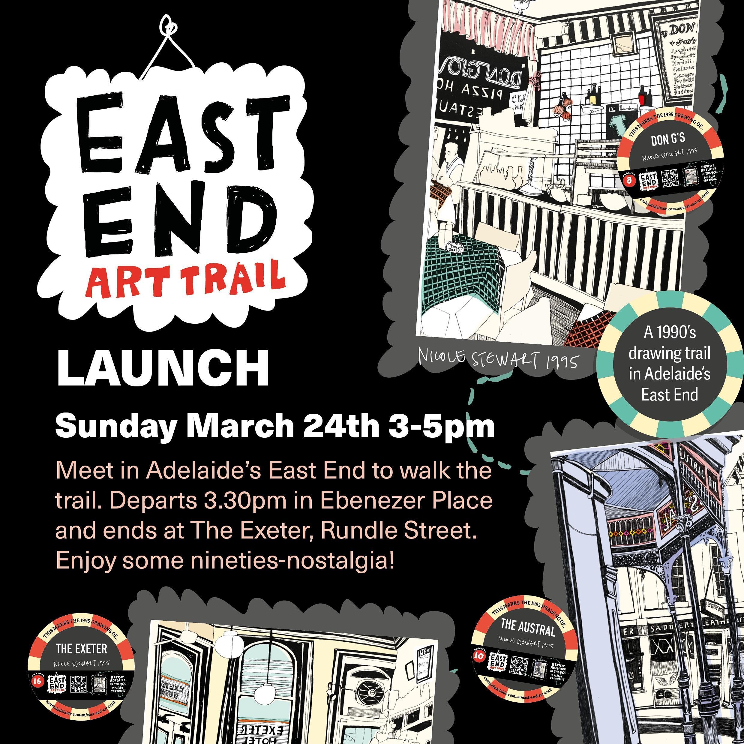 So you&rsquo;re all invited!! A Sunday afternoon stroll through Adelaide&rsquo;s East End, launching the East East Drawings Art Trail, March 24.
Starts in Ebenezer Place and ends at The Exeter. Come along and bring your 1995 memories!
@cityofadelaide
