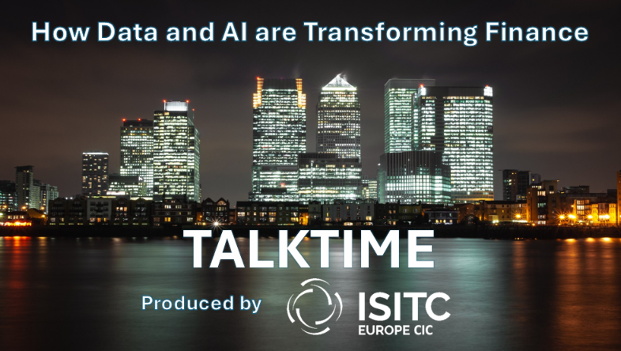 Nighttime cityscape with illuminated high-rise buildings reflected in water, overlayed with text about data, AI, and finance, and logos of ISITC Europe CIC.