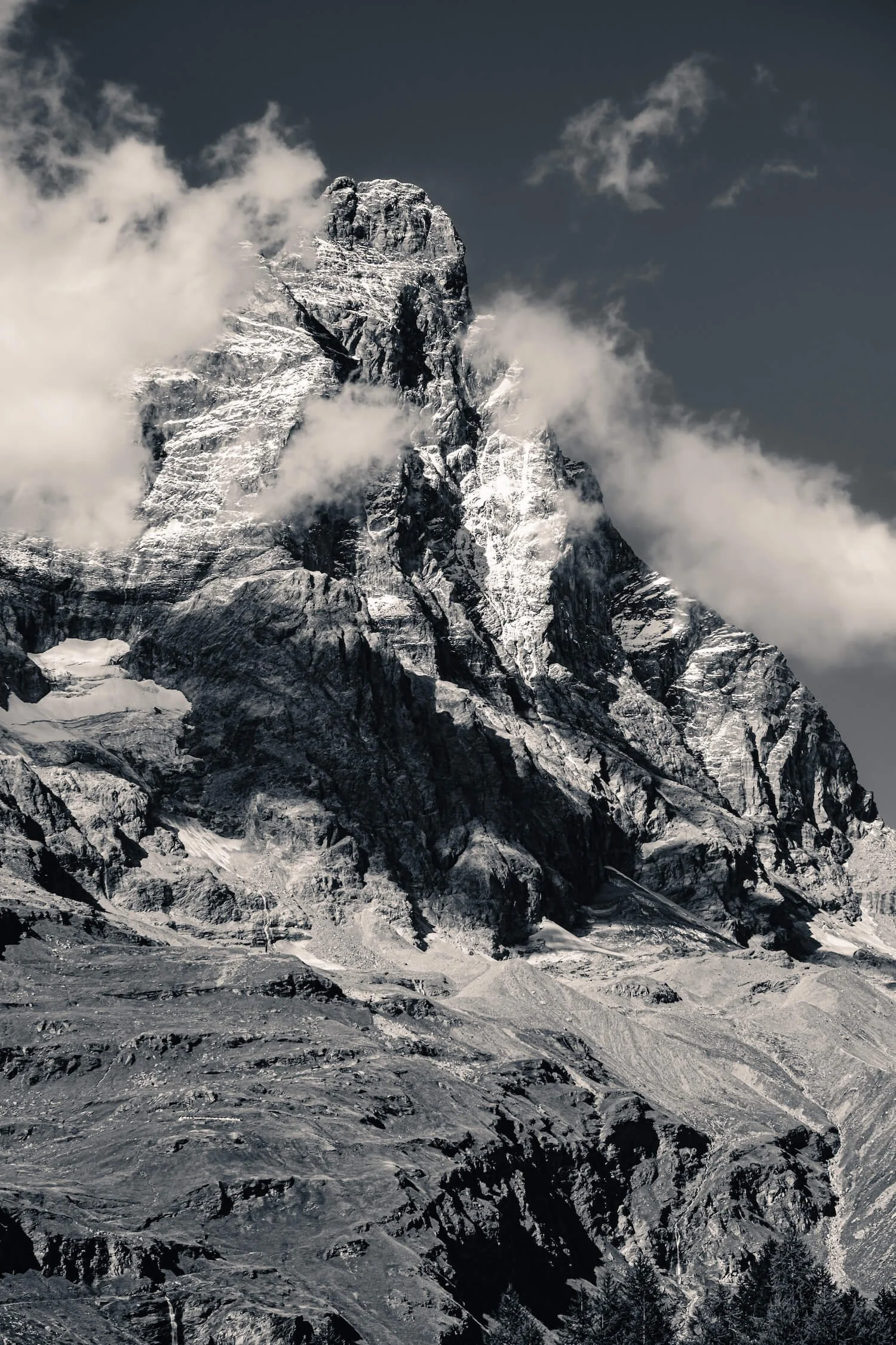 The Matterhorn Cervino from the Italian side in autumn with the first snows on its cliffs