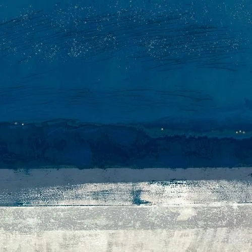Heading Home.  A contemporary abstract in glorious blues and whites.  The distant lights hint at a destination to be reached after a long journey, perhaps over a snowy landscape.  A contemplative piece which rewards repeated viewings.
Limited edition