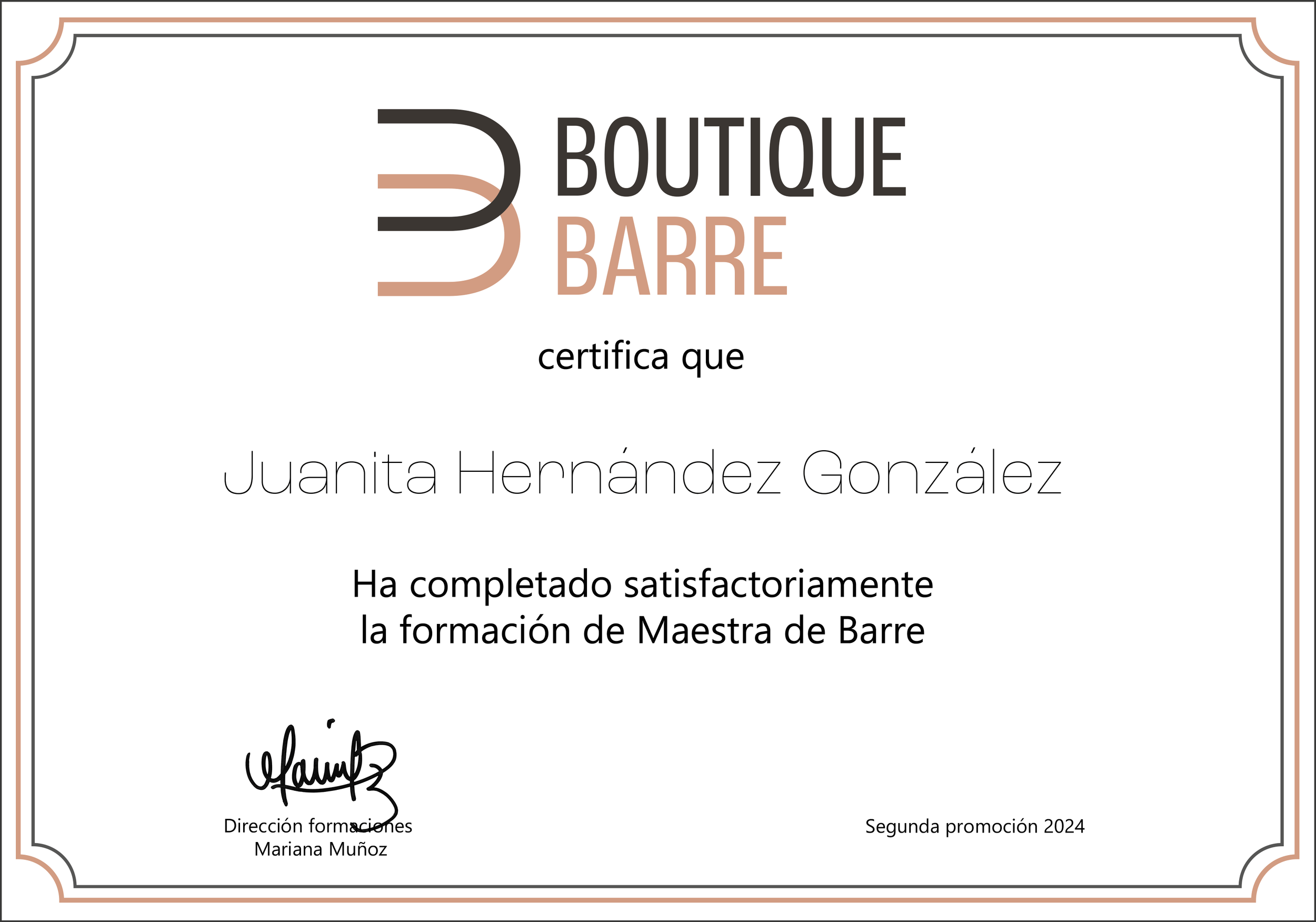 Certificado de Boutique Barre que acredita que una persona ha completado exitosamente la formación como Maestra de Barre, firmado por la dirección, Mariana Muñoz, segunda promoción 2024.
