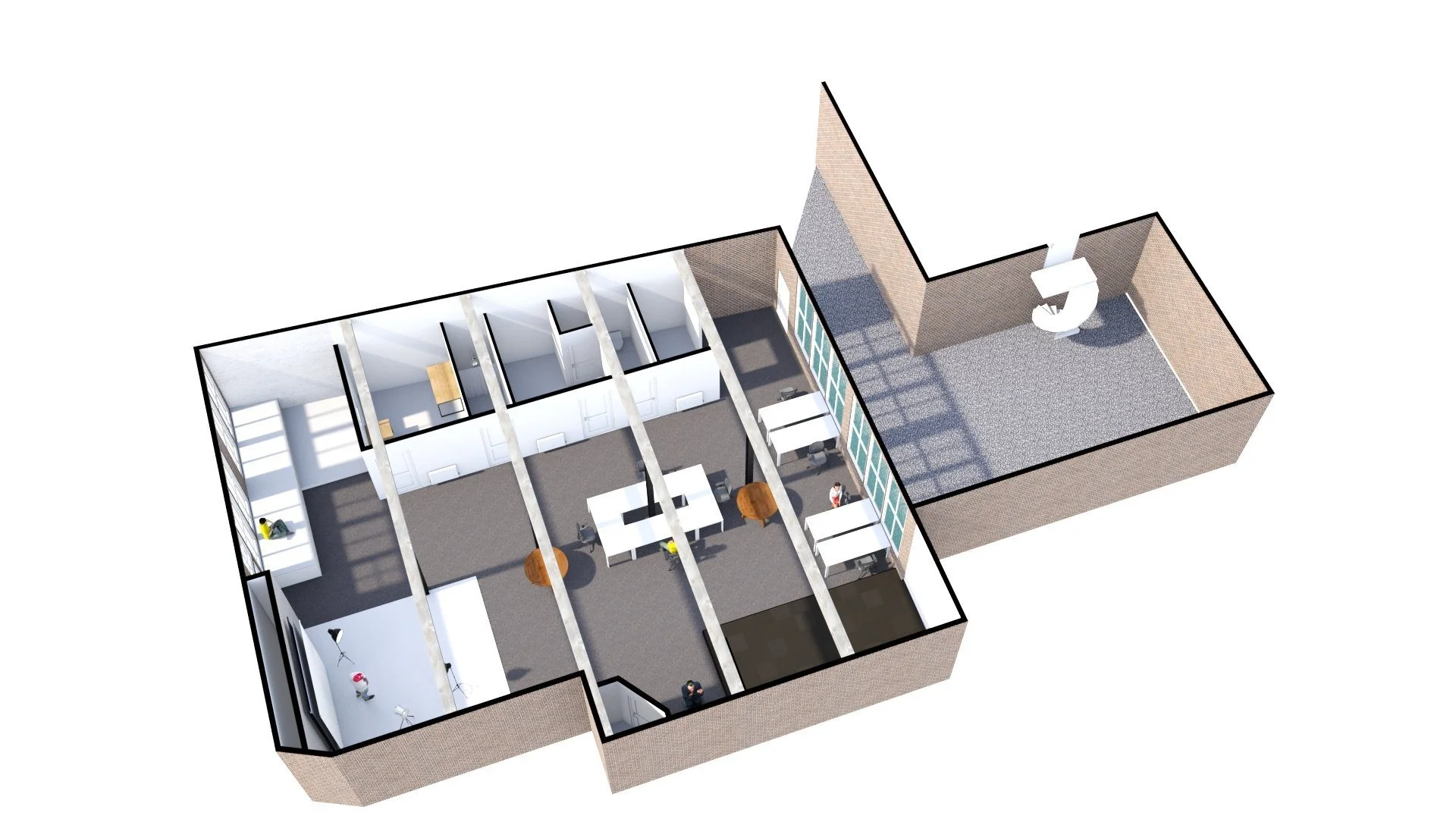 3D floor plan of an office with multiple workstations, meeting rooms, and a breakout area, attached to an outdoor courtyard with a spiral staircase.