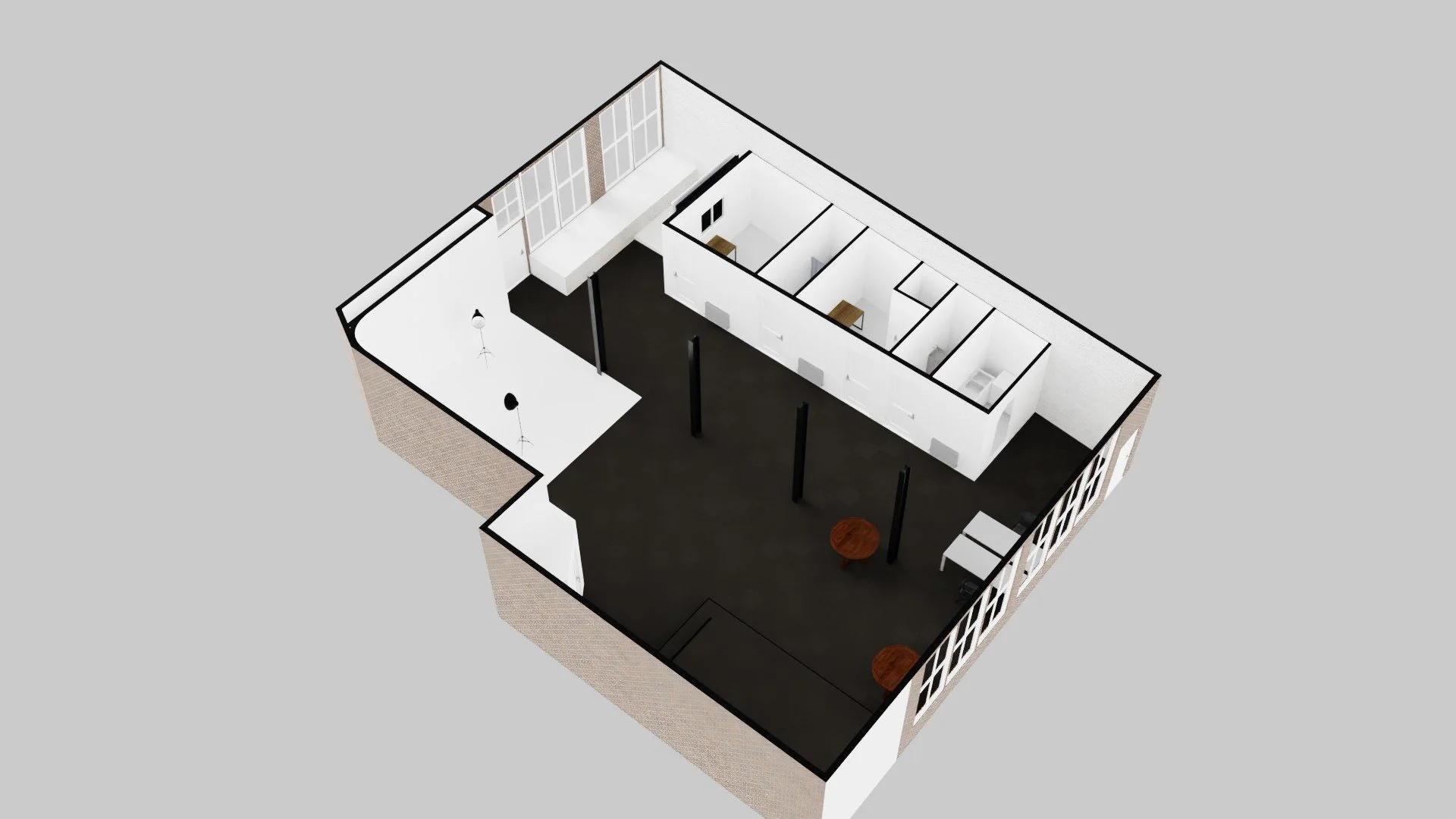 A 3D architectural floor plan of Light Space photography studio in Leeds with brick walls, large windows, and a photocove.