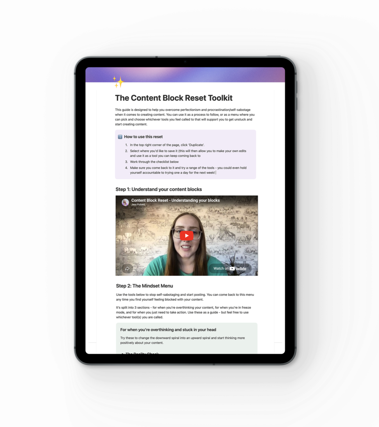 An ipad mockup shows a Notion page with the title 'The Content Block Reset Toolkit', followed by text and a youtube video about overcoming mindset blocks when creating content