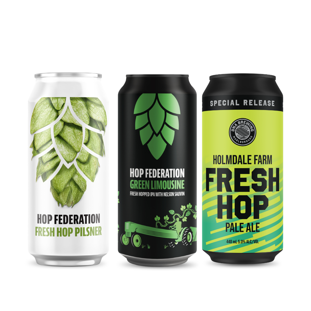 Three cans of Hop Federation beer, including Fresh Hop Pilsner, Green Limousine IPA, and Fresh Hop Pale Ale, with hop cone artwork on each can.