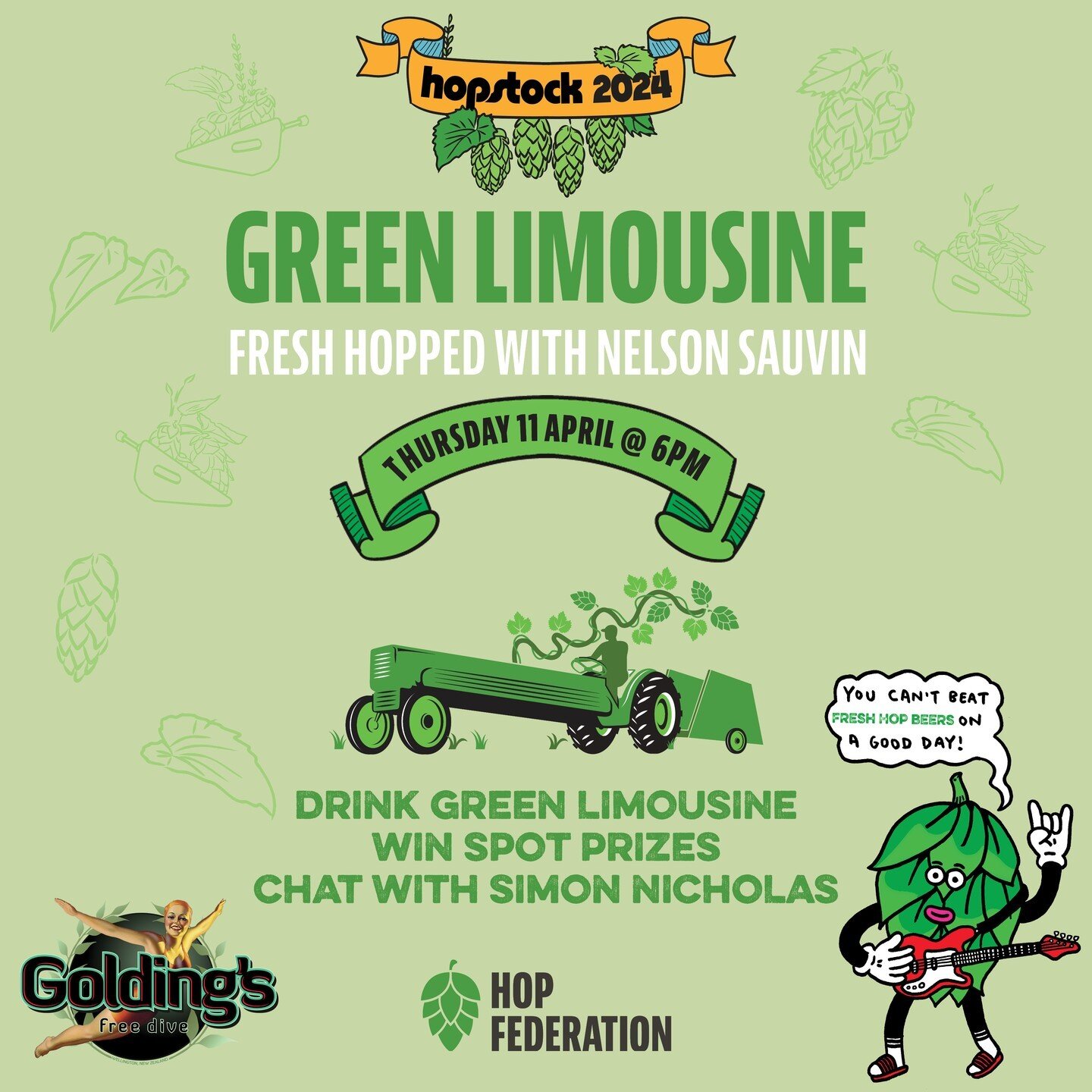In Wellington this Thursday and love Green Limousine? Hopstock 2024 is here and we're stoked to be teamed up with @goldingsfd on Leeds Street 💚

They'll be the first to crack a keg of the good stuff in Welly. PLUS, there'll be epic prizes up for gra