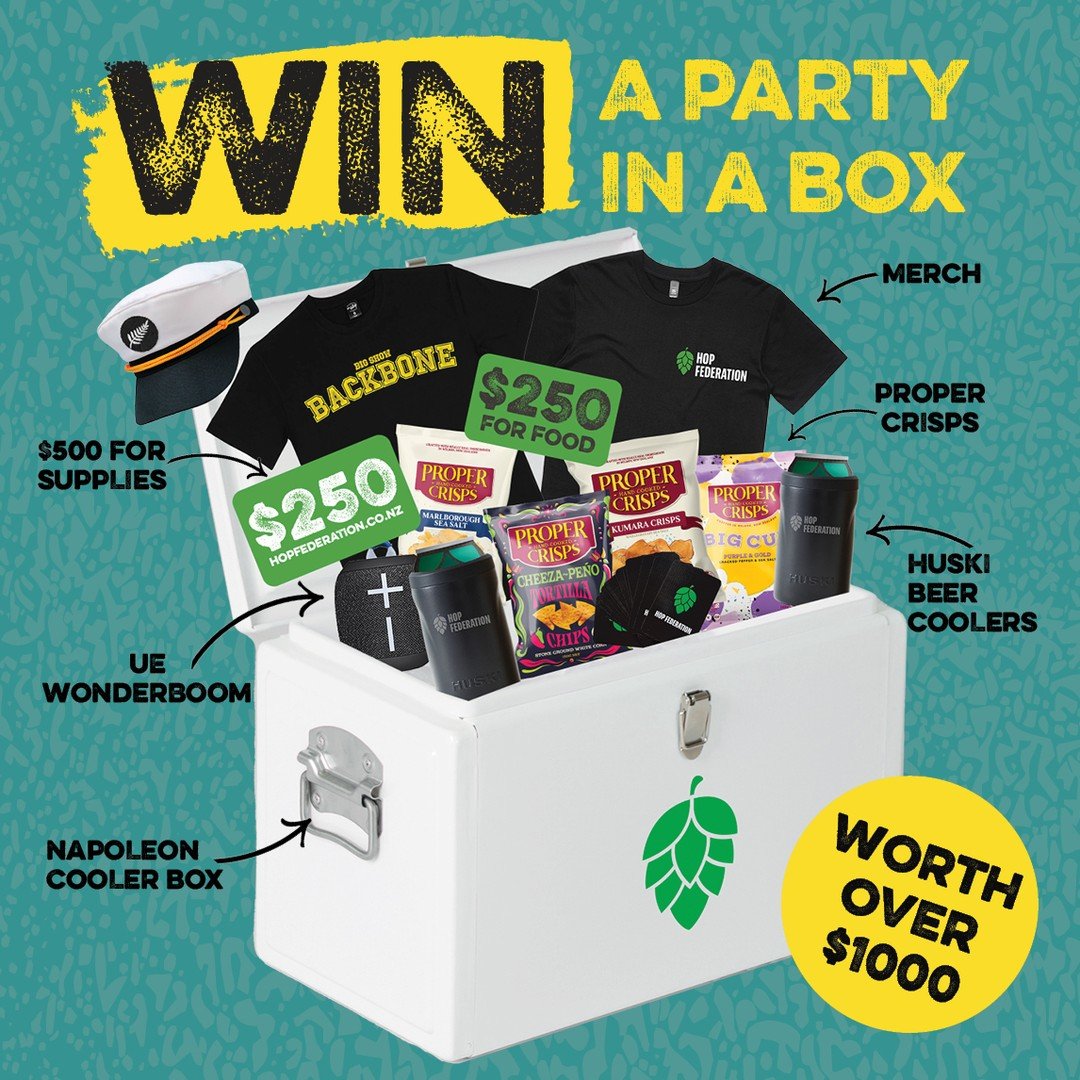 🎉WIN A PARTY-IN-A-BOX WORTH OVER $1000! 🎉

Just head to hopfederation.co.nz/win to enter (link in bio)! Or if you're heading to @beervananz, grab an entry coaster from the team at stand 6 👌

PRIZE INCLUDES:
✔️ @napoleongoods Chilly Bin
✔️ UE Wonde
