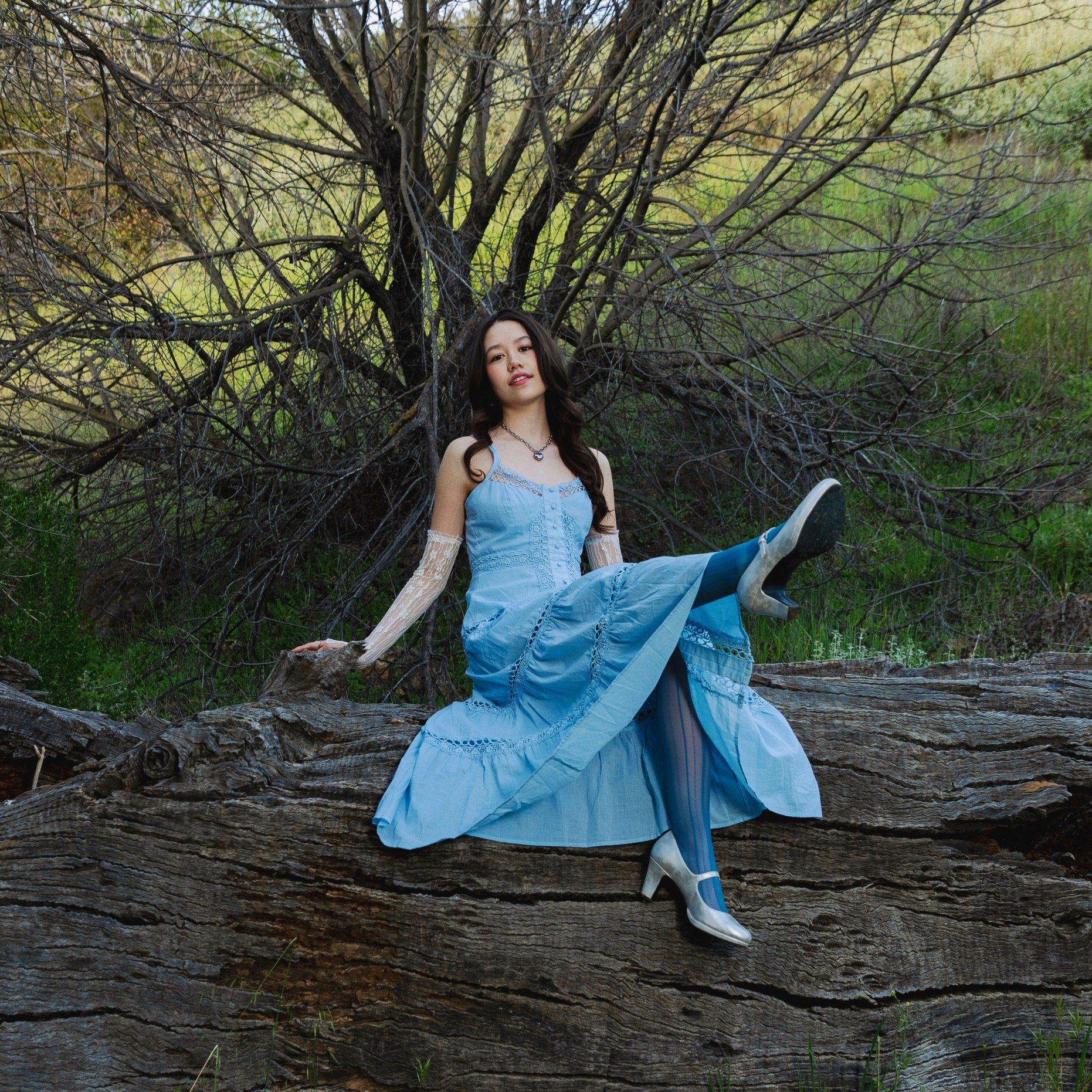 Trinity Bliss in a blue dress sitting on a fallen tree
