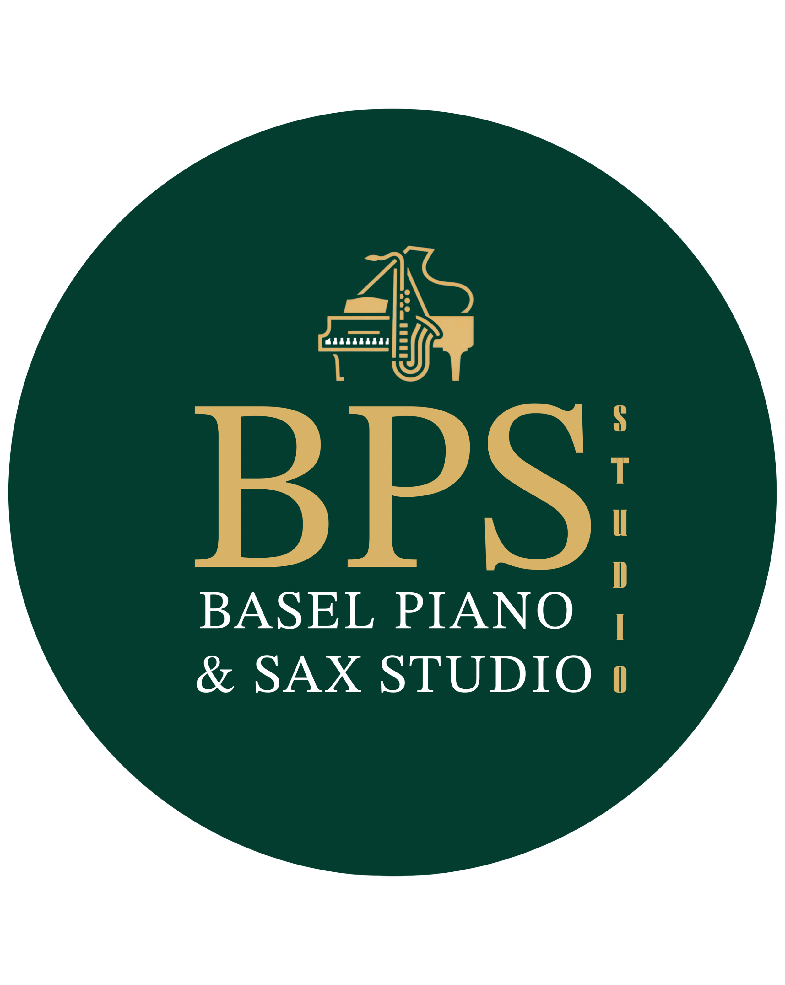Logo for Basel Piano & Sax Studio featuring a stylized gold grand piano and saxophone on a dark green circular background with text.