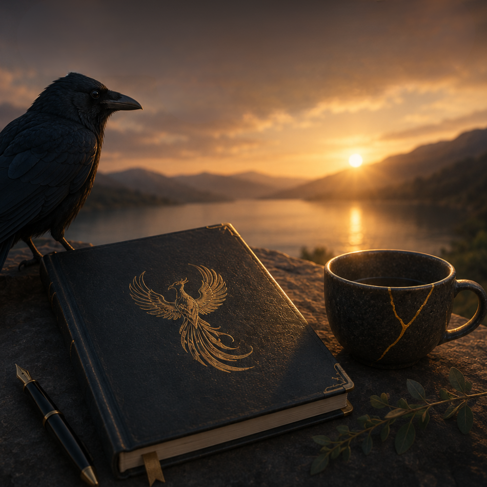 crow journal and mug at sunset phoenix reflection