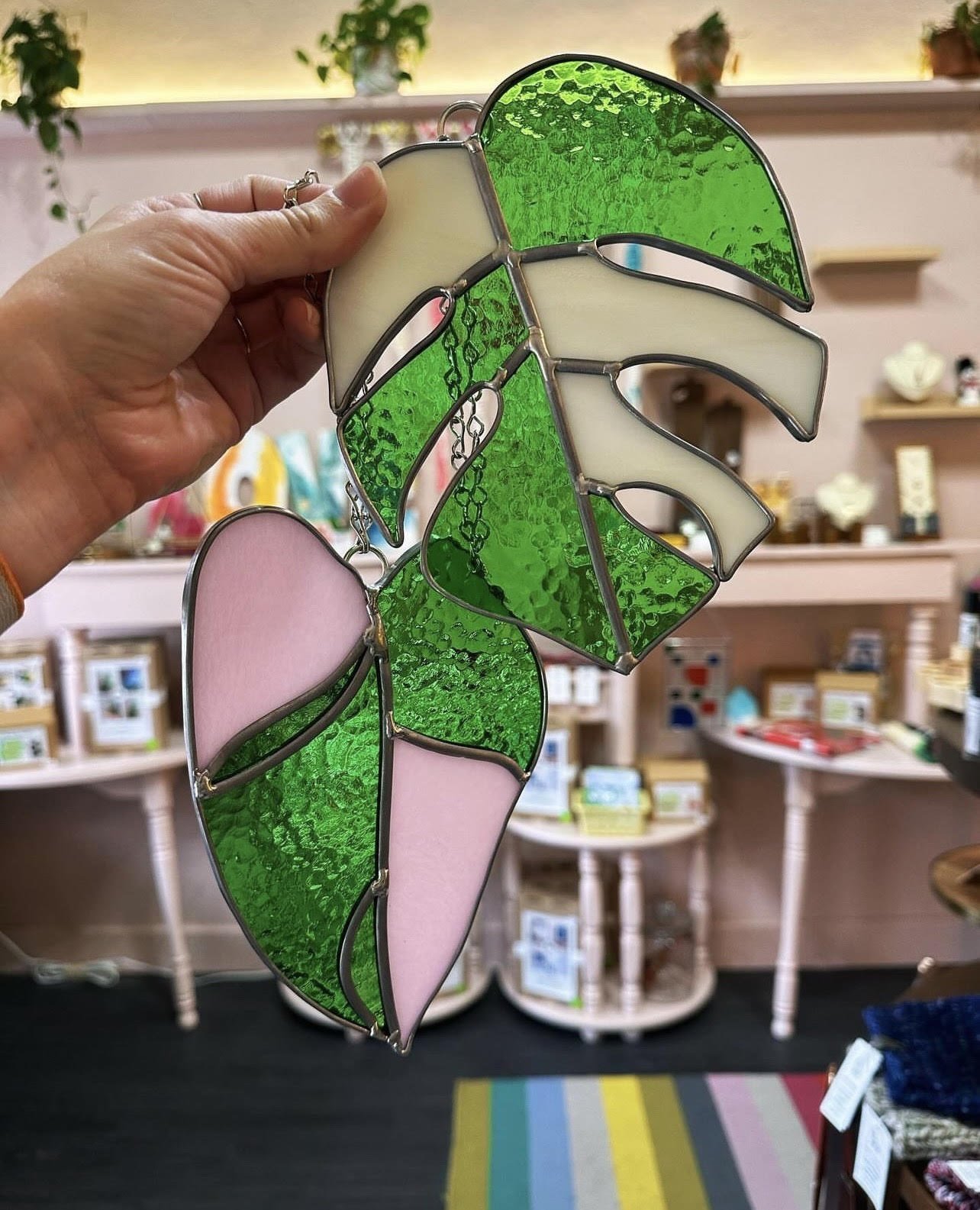 Monstera leaf stained glass suncatcher handmade.jpg