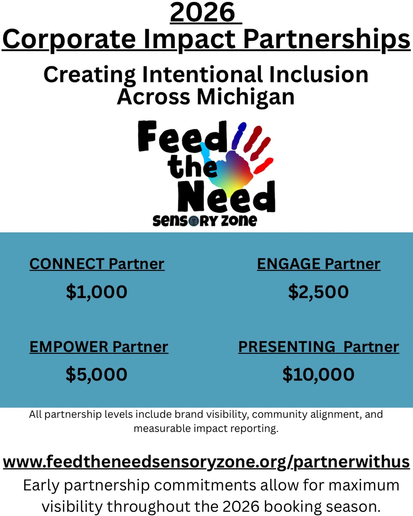 🔥 2026 CORPORATE IMPACT PARTNERSHIPS 🔥

Inclusion should be intentional, not just situational.

Across Michigan, Feed the Need Sensory Zone is building spaces where individuals of all ages and abilities can fully participate in community life.

Fro