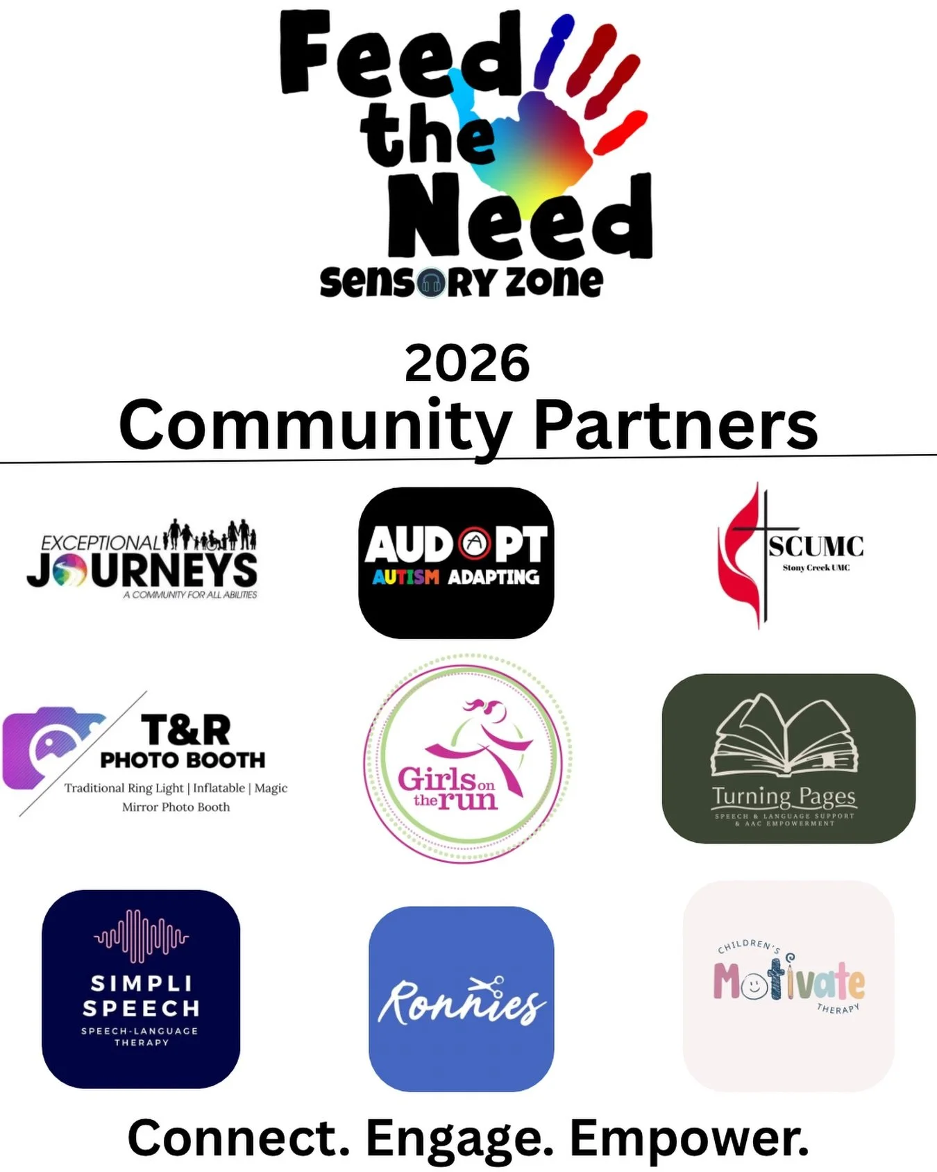 2026 Community Partners 🤍

Feed the Need Sensory Zone does not operate alone. We are part of a community of organizations who believe that inclusion should be intentional, not just situational.

Our 2026 Community Partners come from diverse fields, 