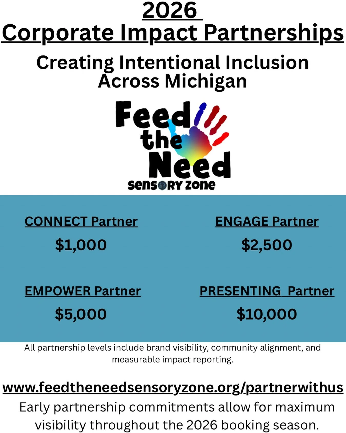 🔥 2026 CORPORATE IMPACT PARTNERSHIPS 🔥

Inclusion should be intentional, not just situational.

Across Michigan, Feed the Need Sensory Zone is building spaces where individuals of all ages and abilities can fully participate in community life.

Fro