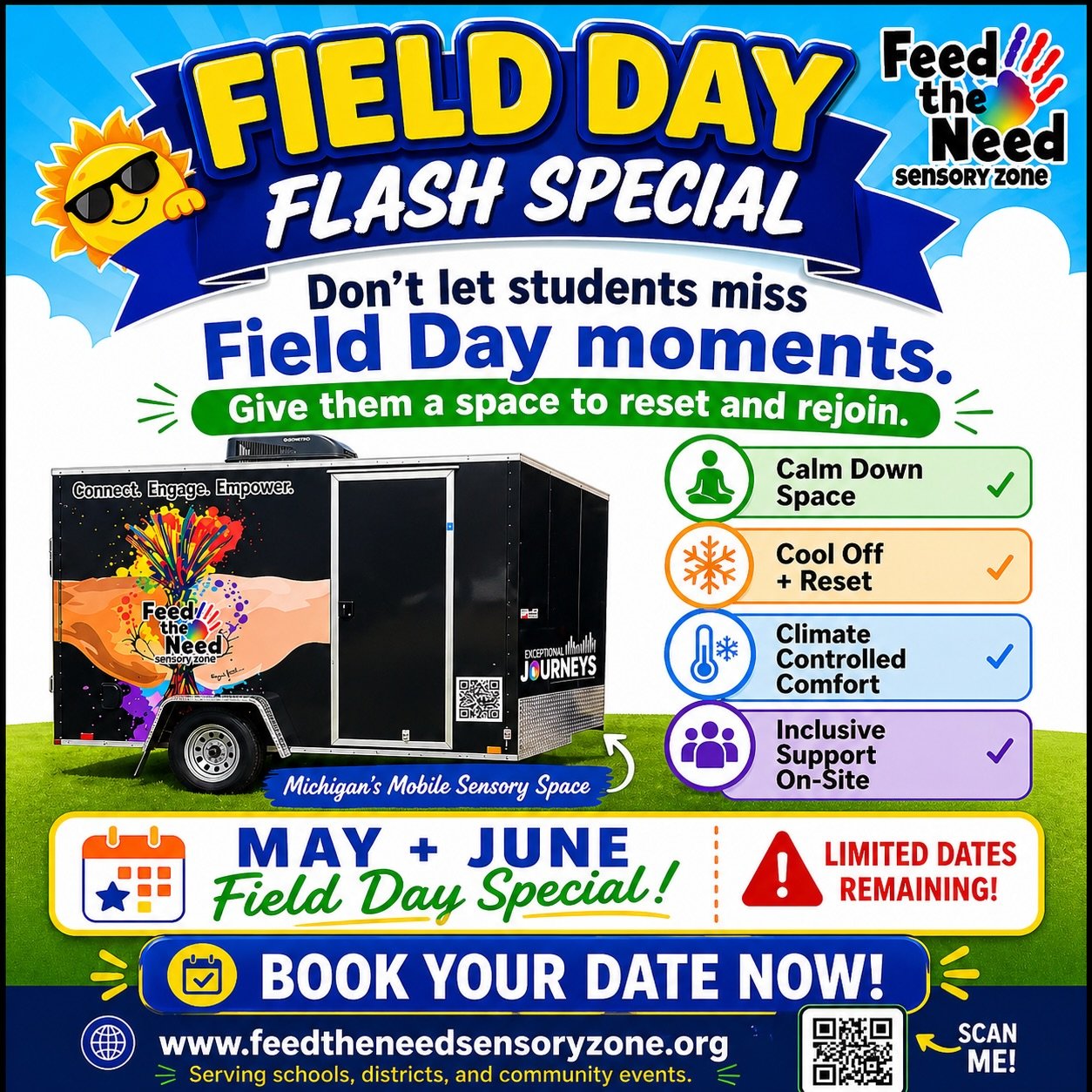Field Day should be fun for every student 💛

Not overwhelming
Not isolating
Not something they have to sit out

That&rsquo;s where we come in.

Our mobile sensory space gives students a place to reset, cool off, and get back to the moments that matt