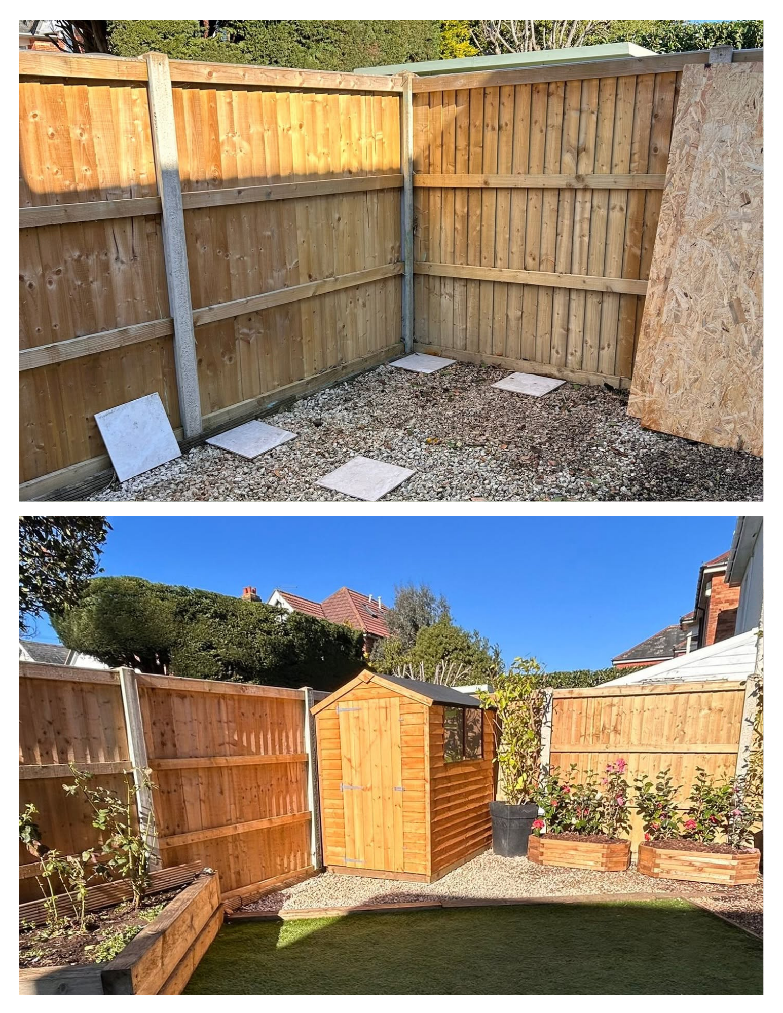 Old leaking shed removed, new wooden one erected, new planters with beautiful flowering camellias (white, red and pink) and all existing sleepers treated