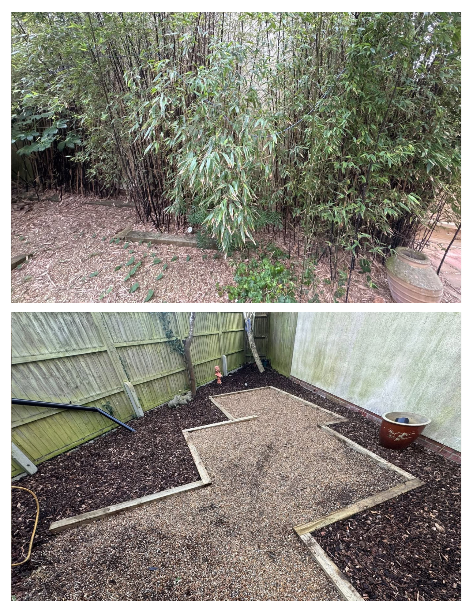 Over a few weeks we removed the bamboo, levelled the ground, replaced the rotten sleepers and added some bark to the beds