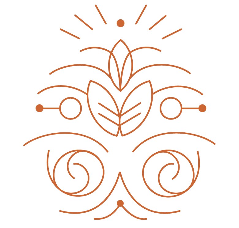 Design symétrique de style mandala représentant un visage stylisé avec des motifs floraux, lignes courbes et rayons semblables à une expression de paix ou de spiritualité